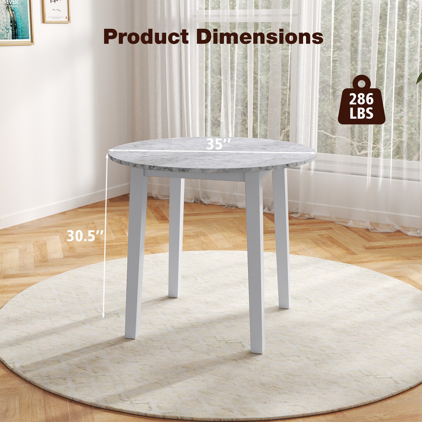 Rubber Wood Round Dining Table with Marble Top, Safe Corners and Easy Assembly