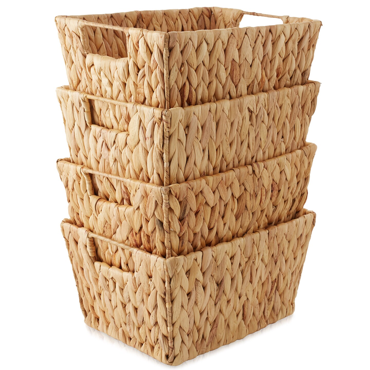 Casafield Set of 4 Water Hyacinth Seagrass Storage Baskets with Handles, Woven Rectangular Storage Bins for Shelves, Blankets, Laundry Organization