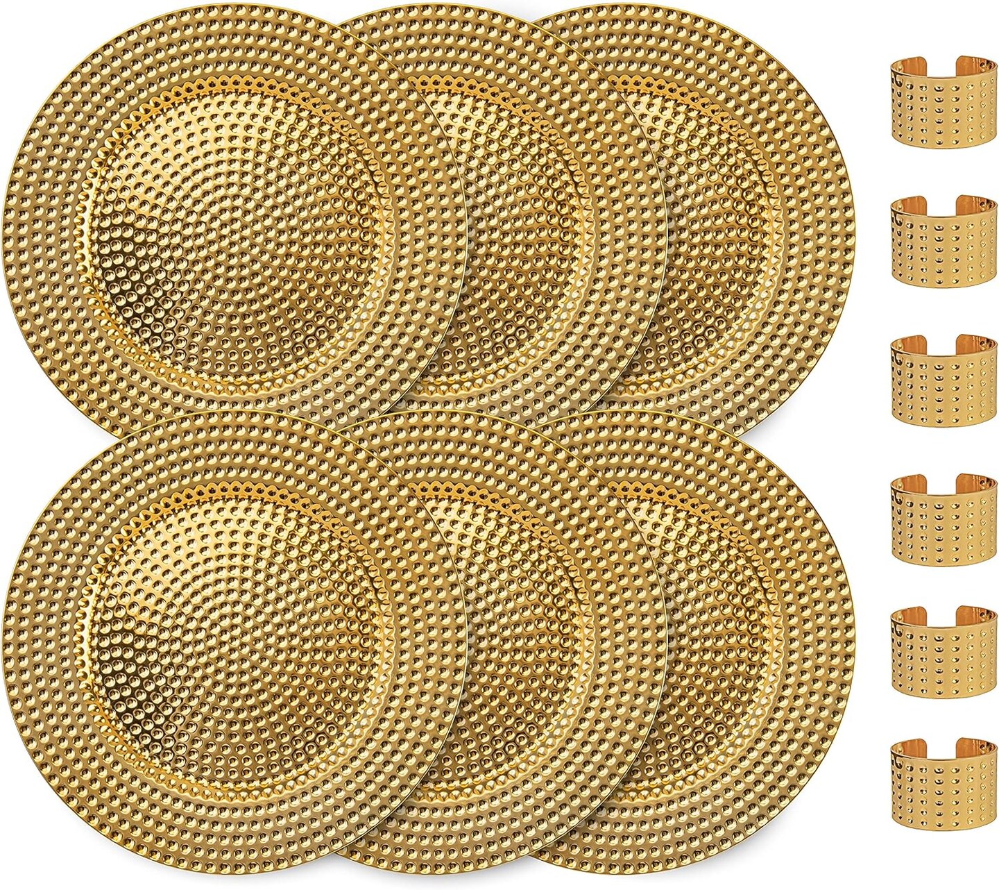 Round Elegant Serve ware Charger Plates with Matching Napkin Rings, Wedding, Dinner party, Event - Choose from our Variety of Styles and Quantities (6, Hammered Gold)