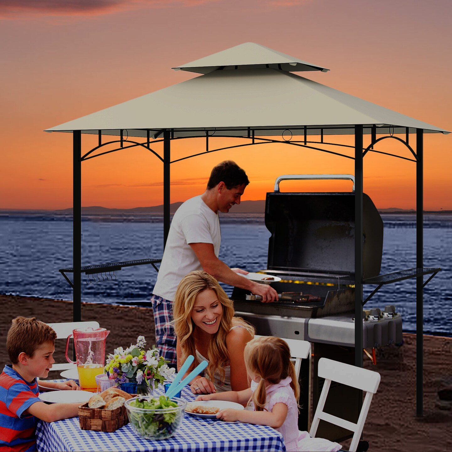 Multi-functional Outdoor Double-Tiered Grill Gazebo Canopy with 2 Side Shelves and 7 Hooks