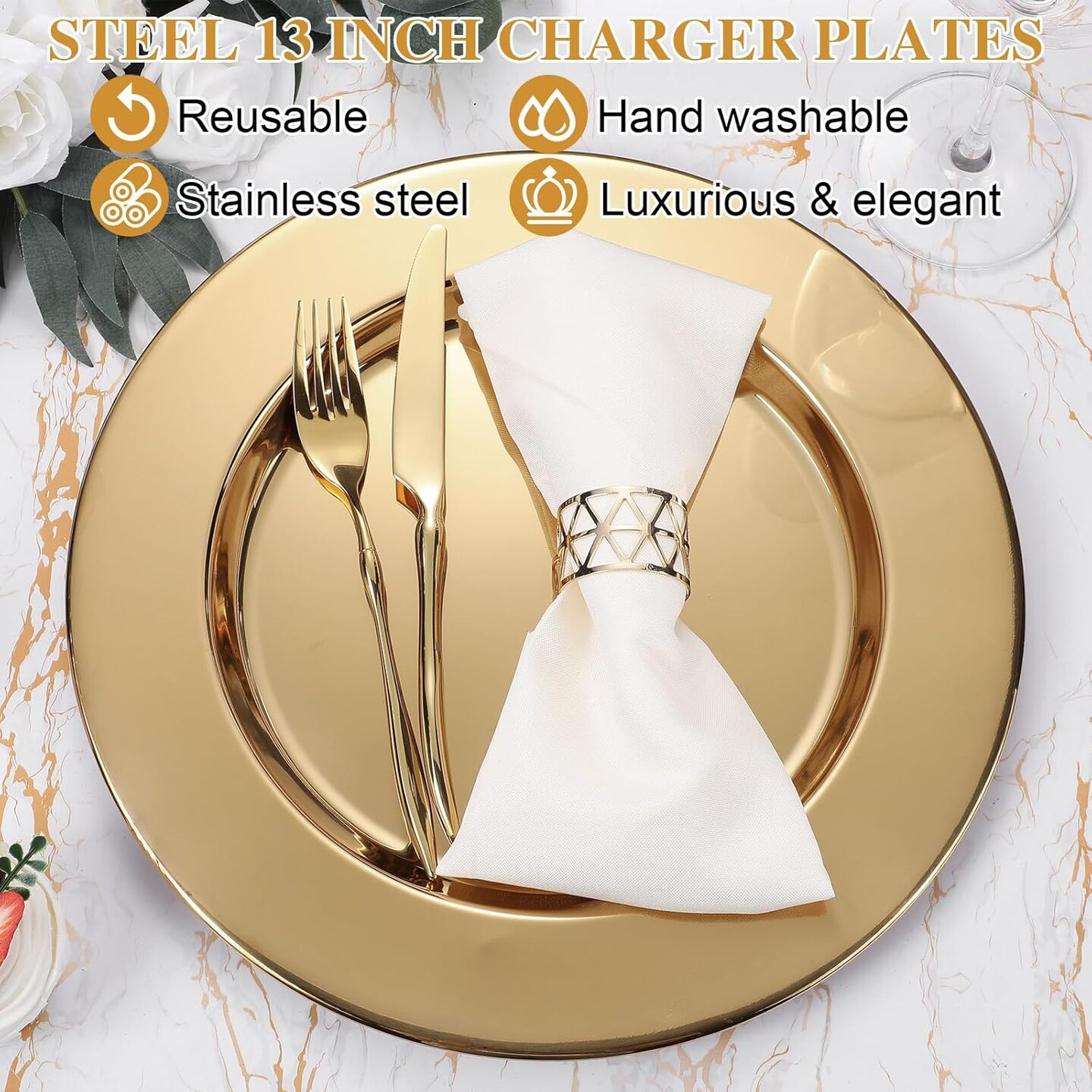 12 Pcs Gold Stainless Steel Charger Plates 13 Inch Round Metal Charger Plates Bulk Mirror Elegant Charger Luxury Table Decor for Wedding Dinner Party