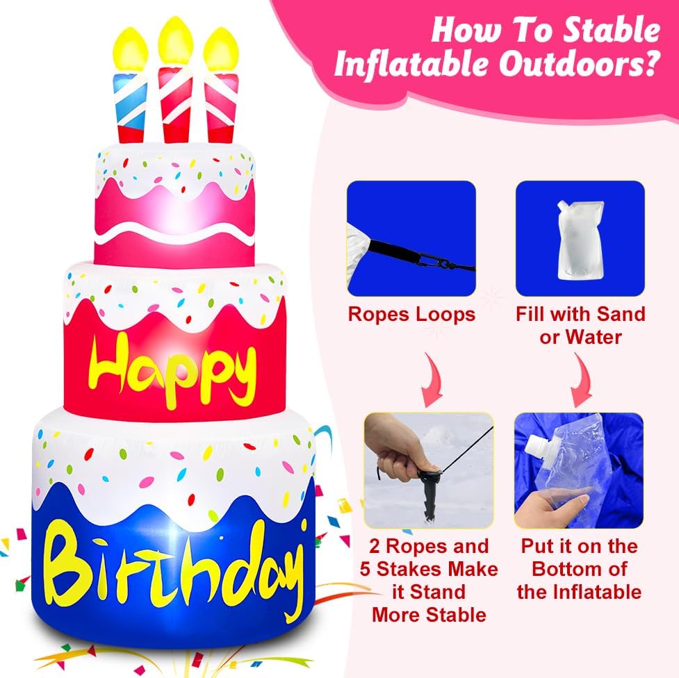6 Ft Happy Birthday Inflatable Cake with Candles Outdoor Decorations Lighted Blow Up Holiday Birthday Party Decor with 6 LED Lights for Indoor Home Celebration Garden Lawn Yard Prop Sign