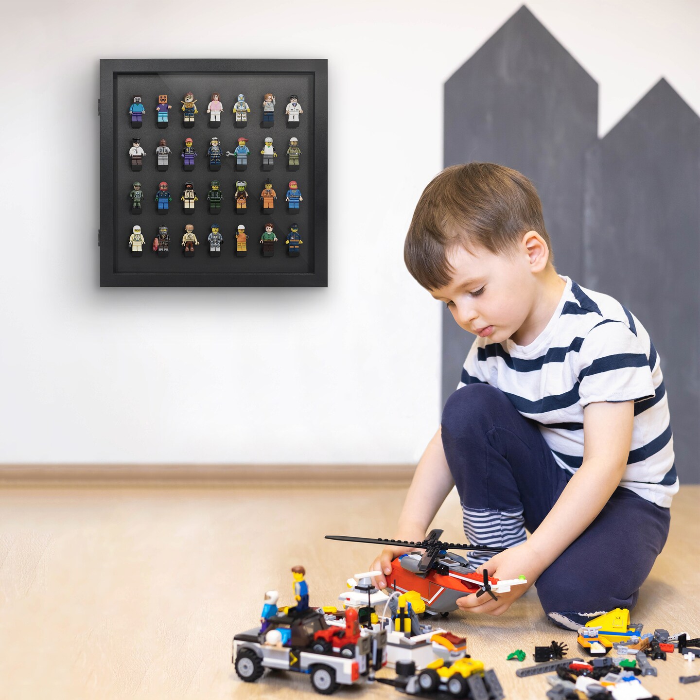 Americanflat 14x14 Minifigure Display Case with Polished Plexiglass - Holds 28 Minifigures - Freestanding or Wall-Mounted Display Case for Small Toy Collectibles - Black