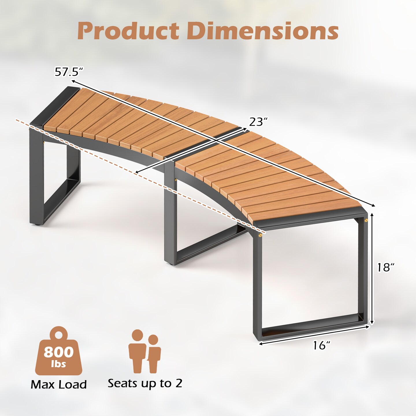 Yellow Patio Wooden Curved Bench with Slatted Seat and Black Metal Legs Perfect for Outdoor
