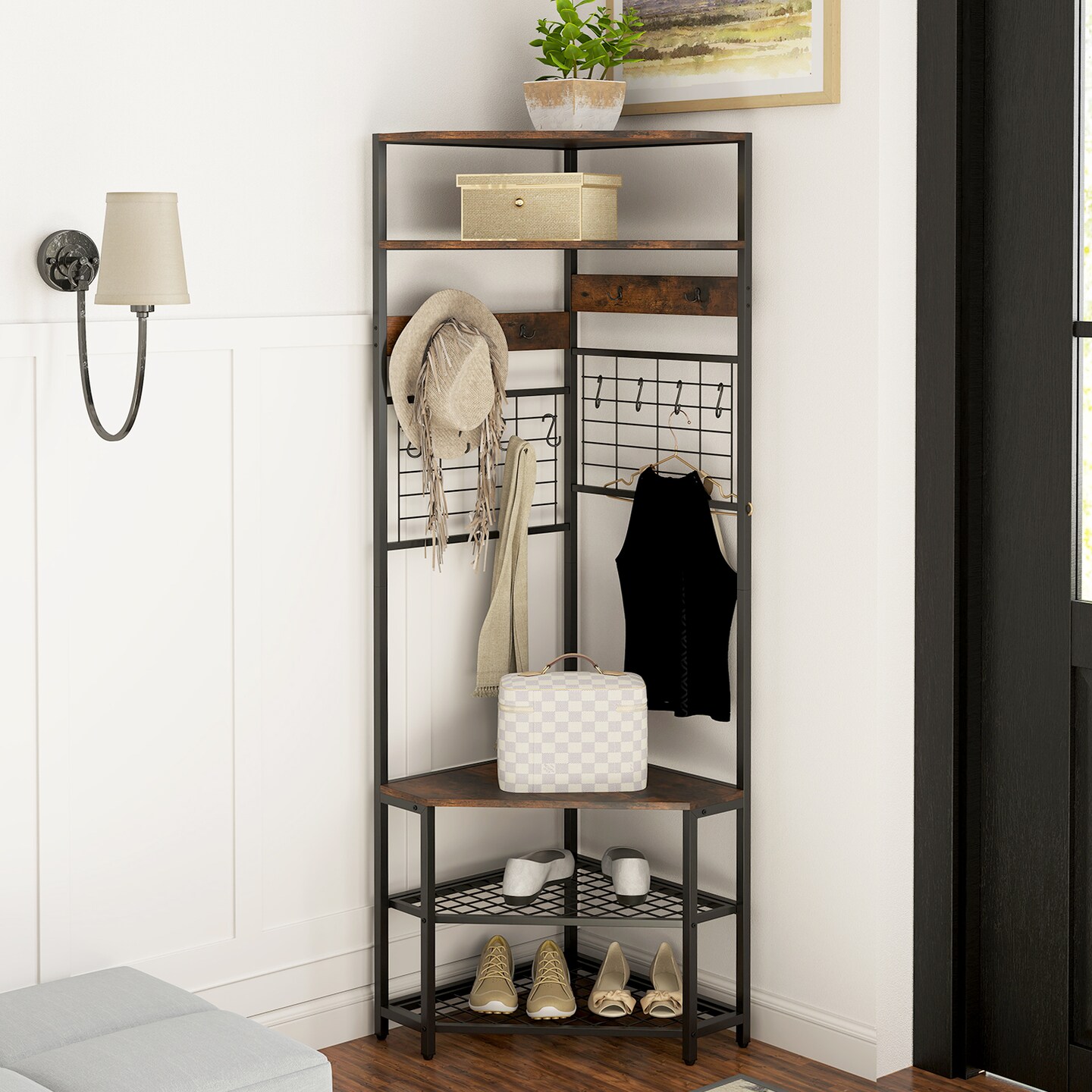 5-Tier Corner Hall Tree with Shoe Storage Bench