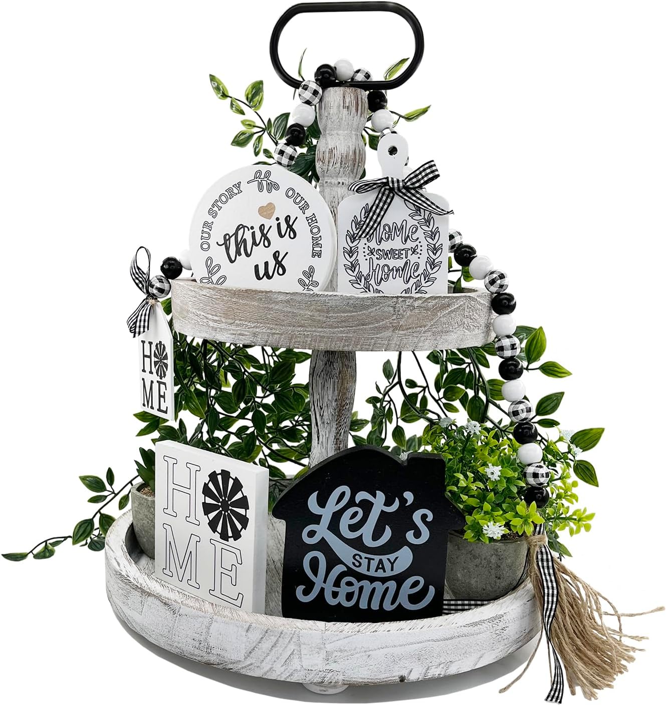 2 Tiered Tray Stand for Home Decor, Wooden Serving Tiered Tray for Coffee Bar Table Centerpiece, Decorative Trays Kit