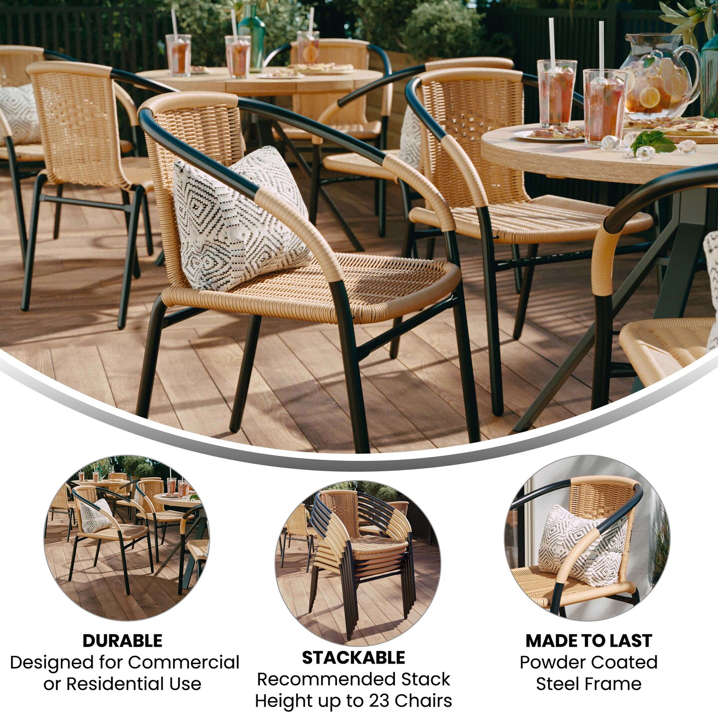 Emma and Oliver 2 Pack Rattan Indoor-Outdoor Restaurant Stack Chair with Curved Back
