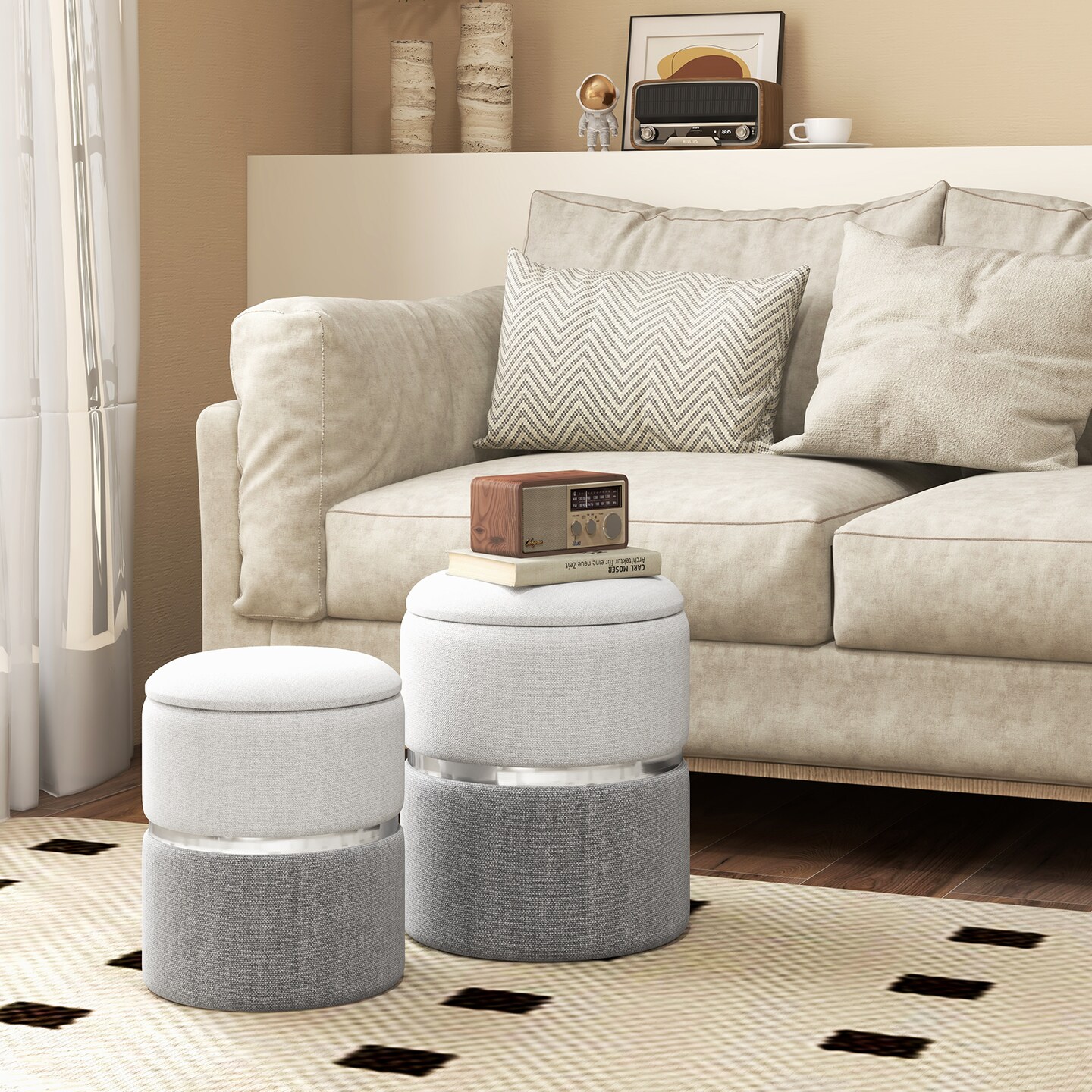Set of 2 Stackable Velvet/Linen Storage Ottomans with Reversible Tabletop Lid