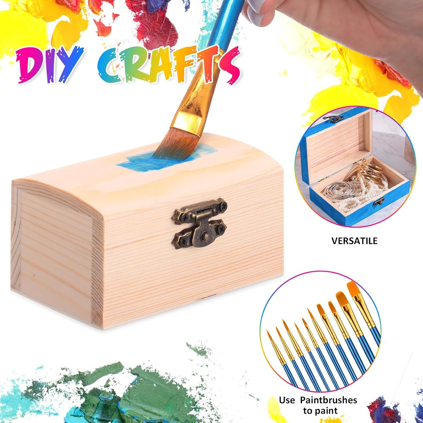 48 Pcs Unfinished Wooden Craft Boxes with 40 Paintbrushes Small Wooden Boxes Treasure Chest with Lid and Clasp Wood Storage Box for DIY Baby Shower Pirate Decor