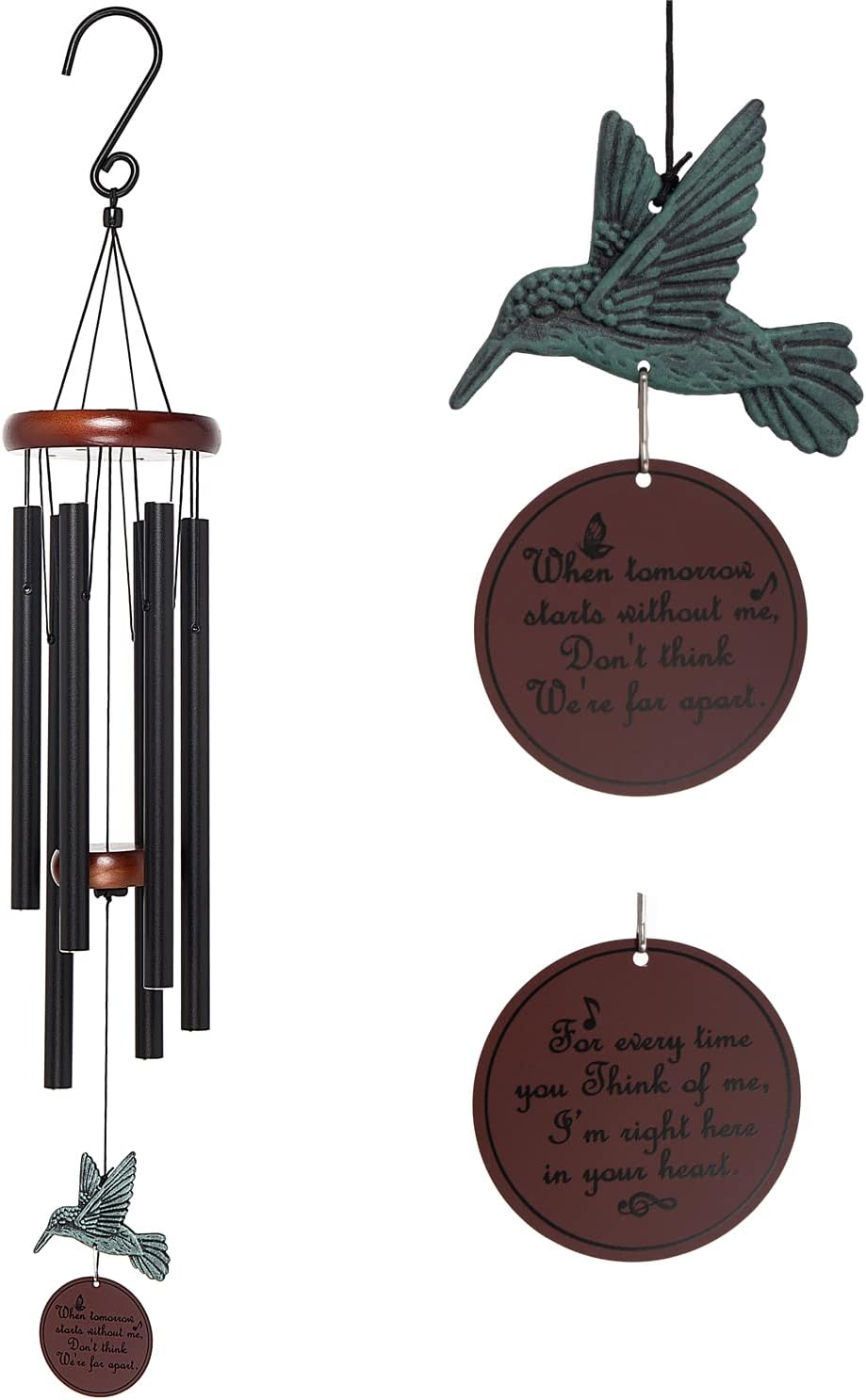 Memorial Wind Chimes Outdoor with Hummingbird Wind Spinner, Deep Tone Large Sympathy Windchime 33&#x22; with 6 Heavy Tuned Tubes Gift for Patio, Porch, Garden, Backyard