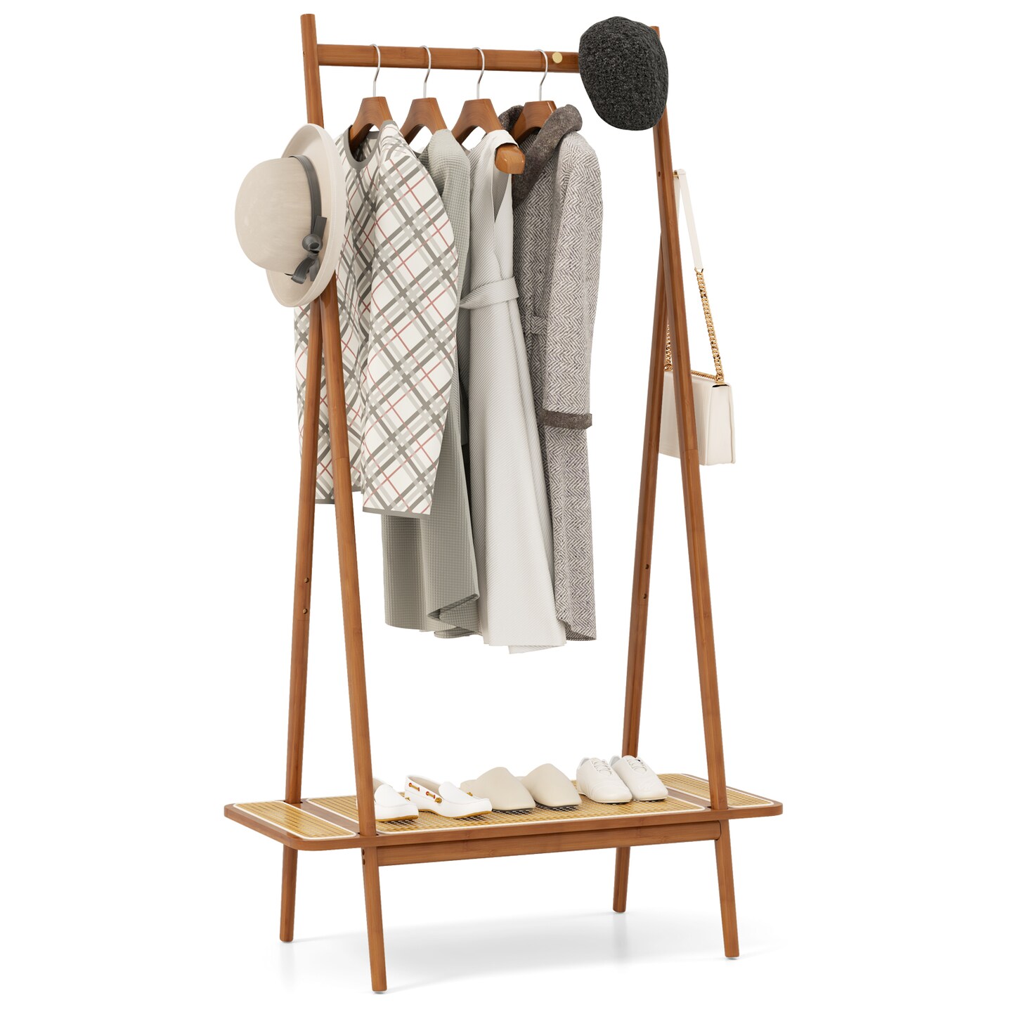 Wicker Clothes Rack with Hanging Rod Rattan Shelf and Copper Hooks