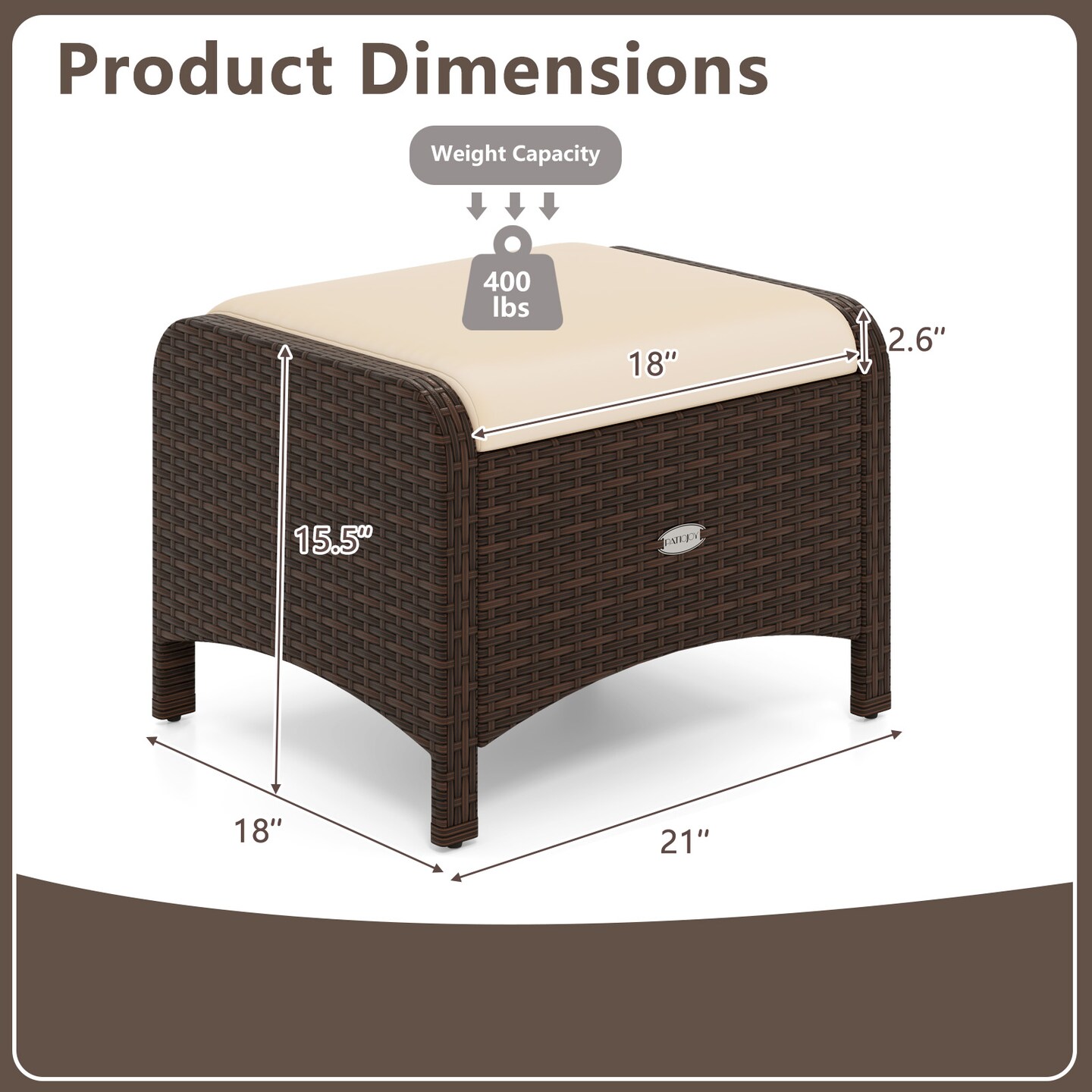 2 Pieces Patio PE Wicker Ottomans with Removable Cushions and Metal Frame