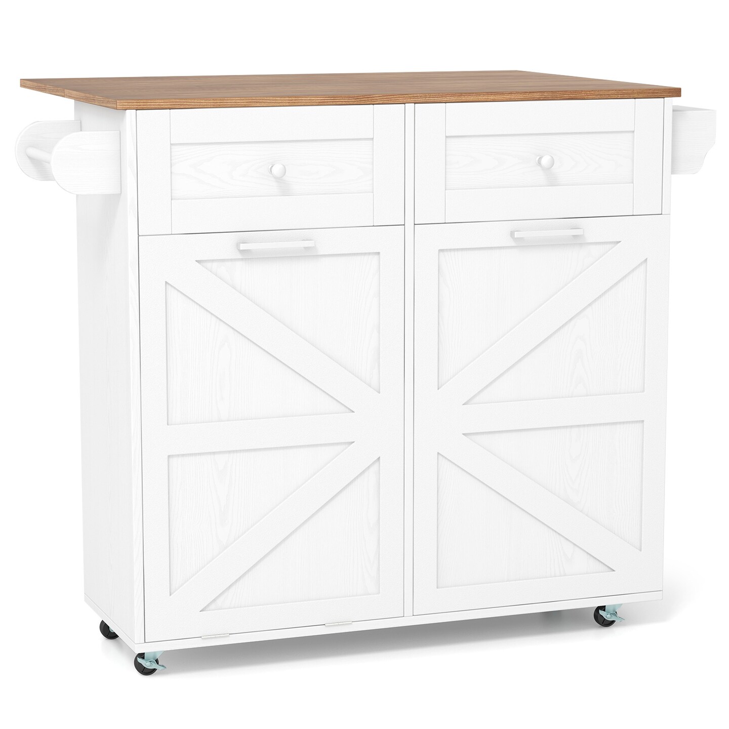 MDF Kitchen Island Cart with Drop Leaf, Trash Cabinet, Drawers and Lockable Wheels