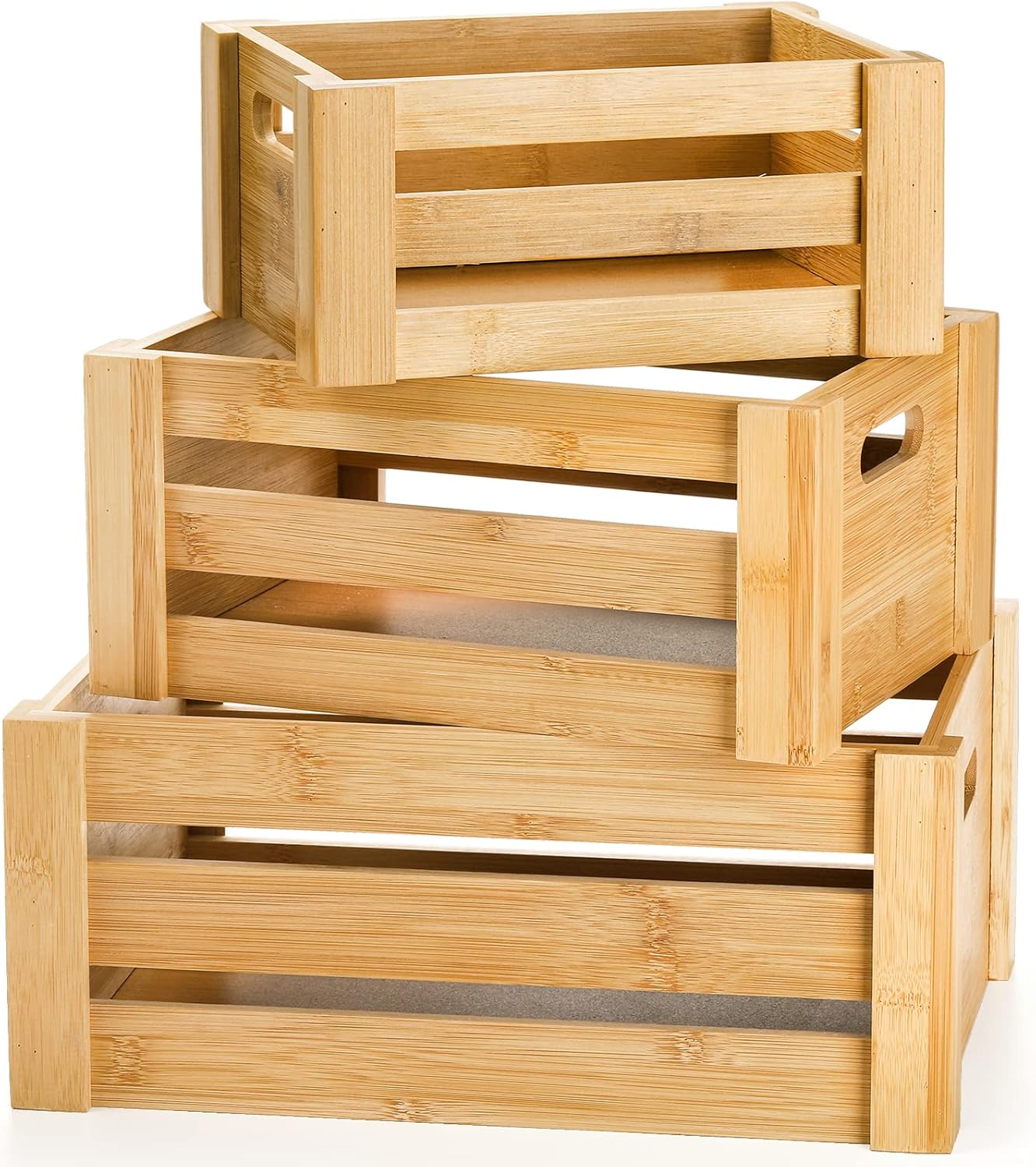 Set of 3 Bamboo Nesting Storage Crates with Handles – Rustic Farmhouse Decorative Organizer Boxes for Kitchen, Office, Bedroom & Closet