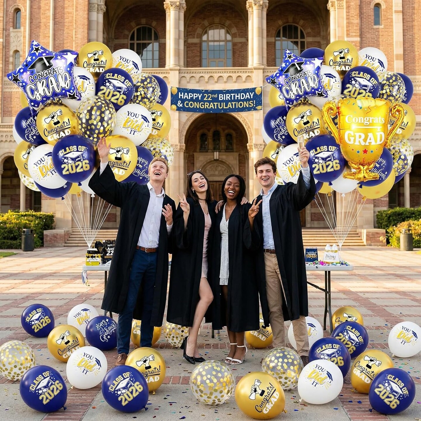 36Pcs Blue and Gold Graduation Balloons 2026 - Navy and Gold Latex Set with Trophy & Star Foil Balloons - Class of 2026 Congrats Grad Party Supplies for College and High School