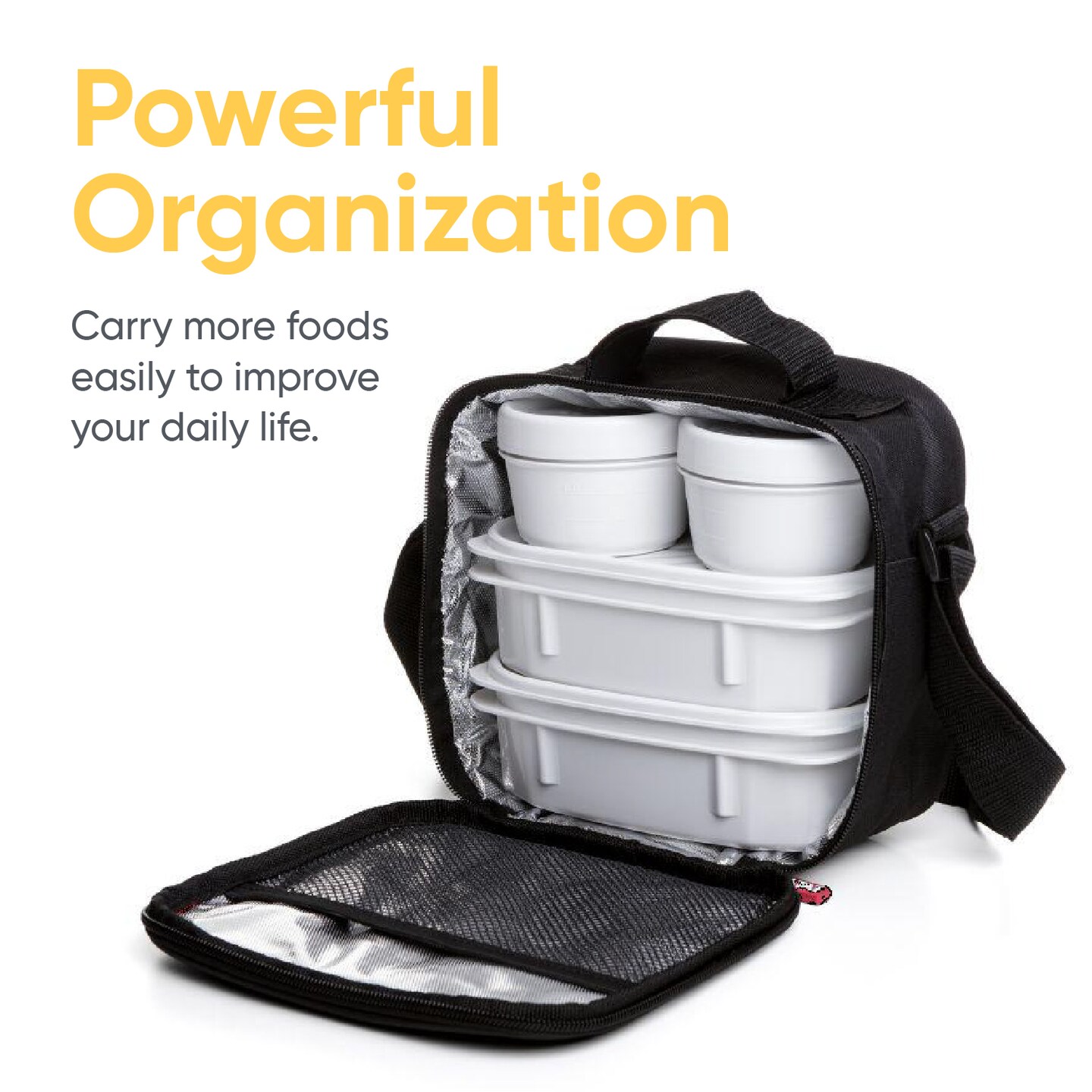 Superio Insulated Lunch Bag with Containers, Thermal Lined Lunch Box, Black