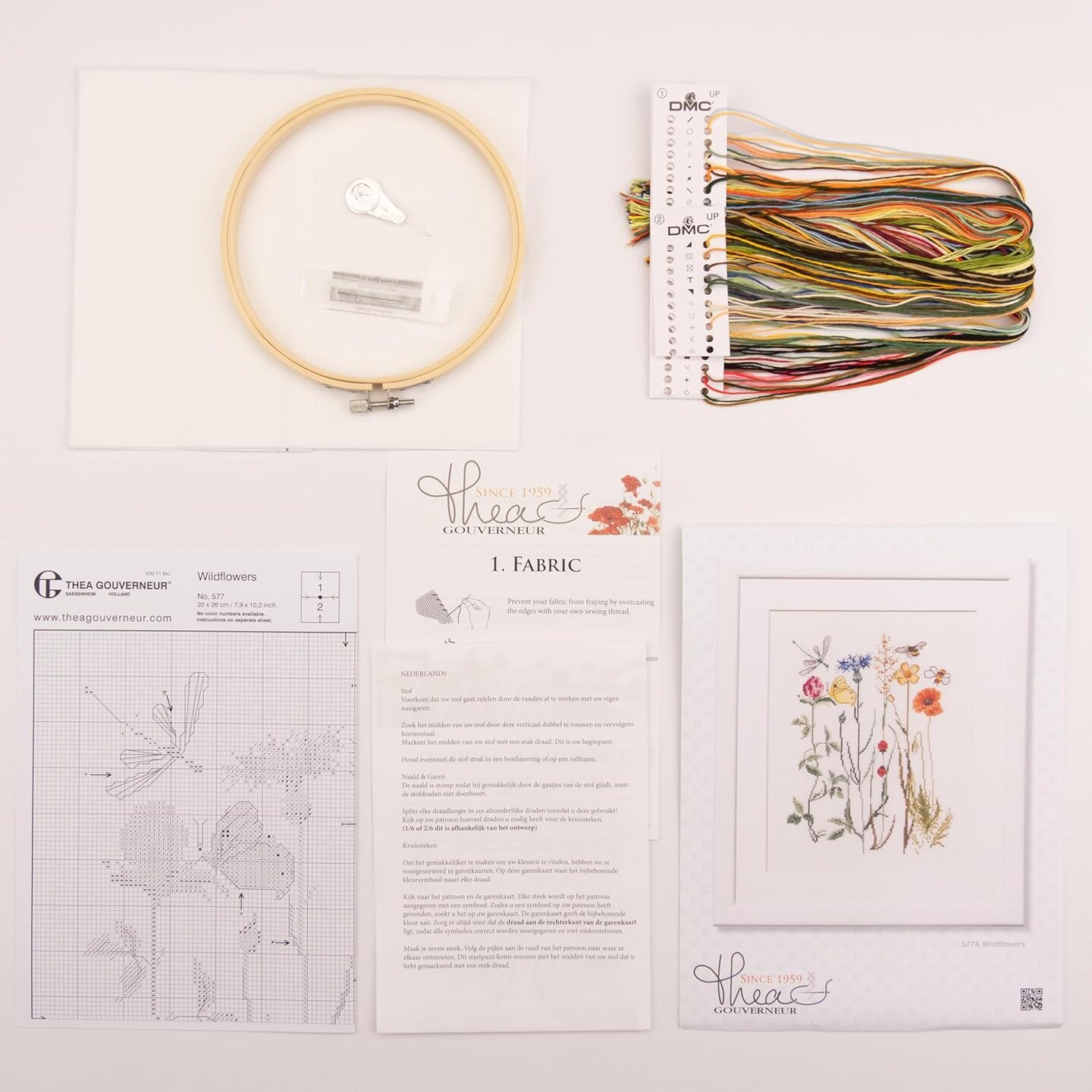 Thea Gouverneur Wildflowers Counted Cross Stitch Kit – 16CT Aida, DMC Threads & Hoop, Beginner-Friendly DIY Embroidery for Adults, 8×10 Inch