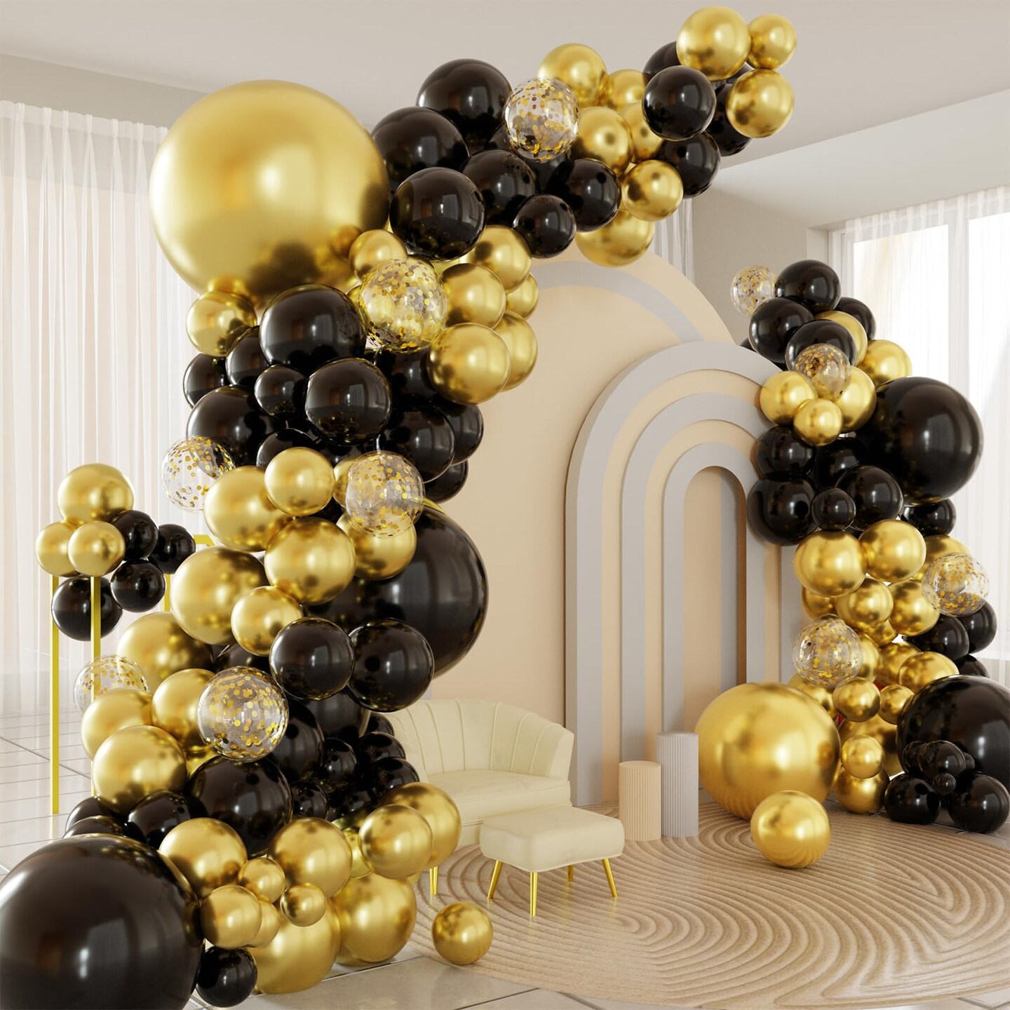 Black and Gold Balloons Arch Garland Kit, 122pcs Gold and Black Confetti Balloons with 16ft Tape Strip & Dot Glue for Graduation Birthday New Year Party Decorations
