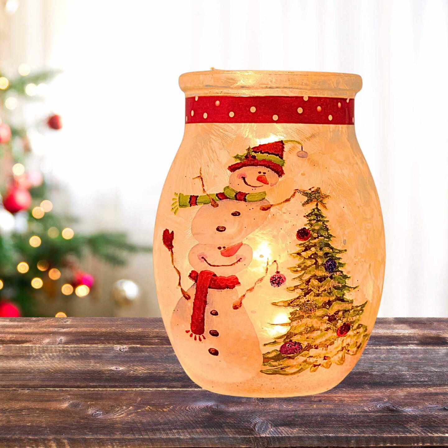 Stony Creek 4.0 Inch Festive Snowman Small Jar Christmas Lighted Glass Accent , Electric Christmas Winter