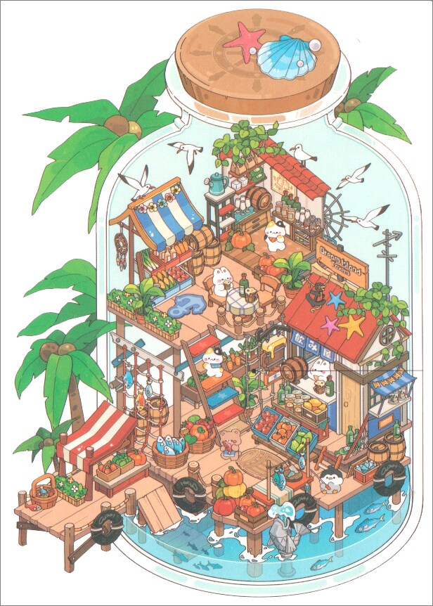 Seaside Dock Market Landscape Stickers, Isometric Room Stickers, Adorabilities