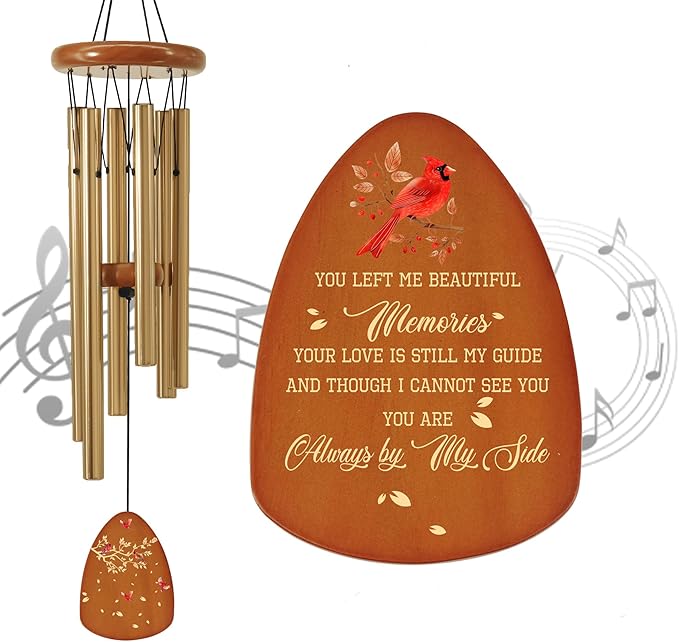 Cardinal Wind Chimes for Loss of Loved One 32",Memorial Wind Chimes in Memory of a Loved One, Cardinal Memorial Gift, Sympathy Bereavement Condolence Gift,Wooden,Golden