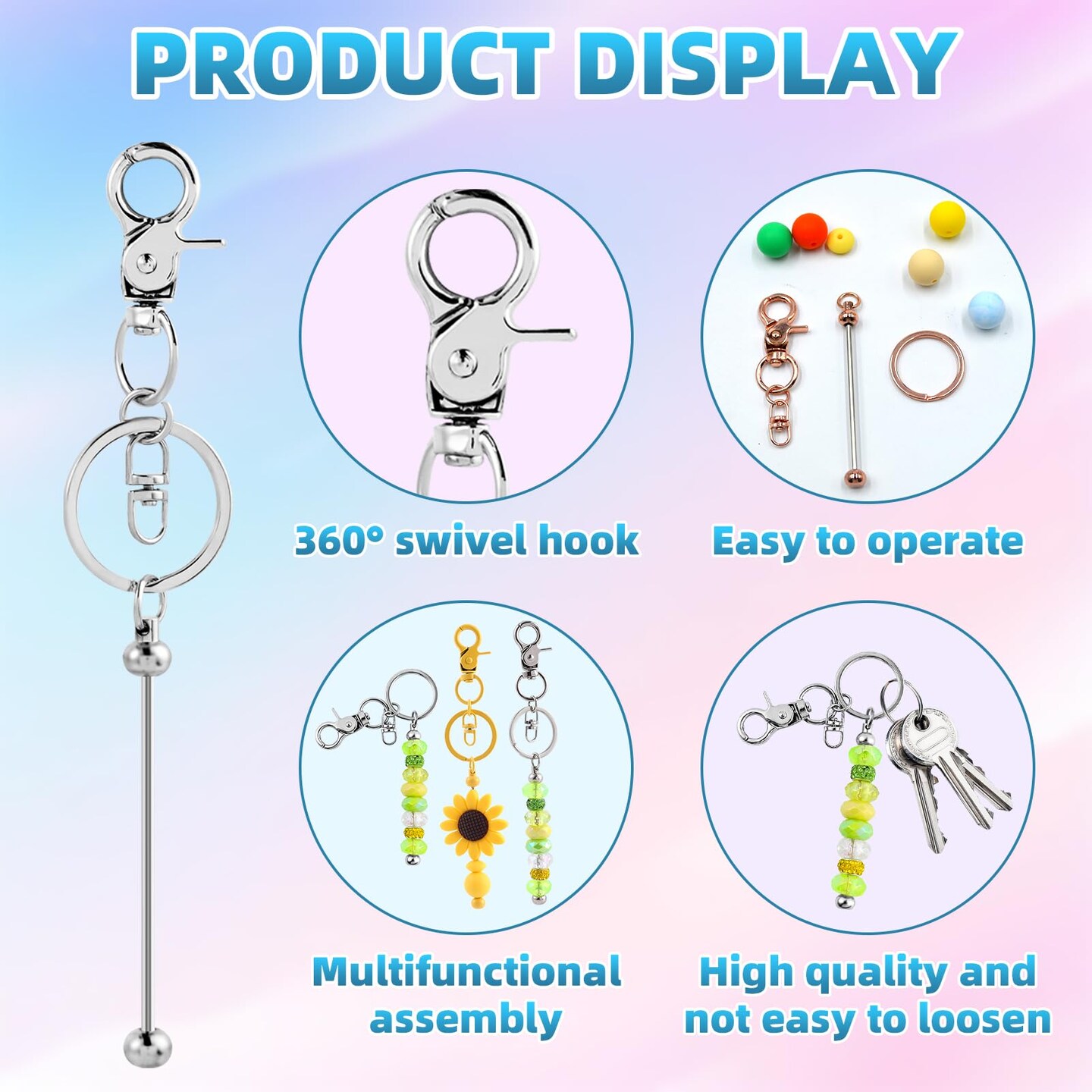 20 Pcs Beadable Keychains Bulk Kit – DIY Keychain Making Supplies with Metal Blanks for Crafts, Jewelry, Charms, Custom Projects – Blank Chain Bars for Beaded Keychain Design (Colourful)