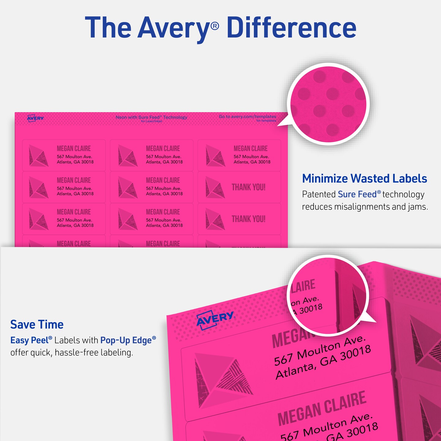 Avery Printable Address Labels with Sure Feed, 1" x 2-5/8", Assorted Neon Colors (Magenta, Green and Yellow), Laser & Inkjet Compatible, 450 Blank Labels Total (5979)