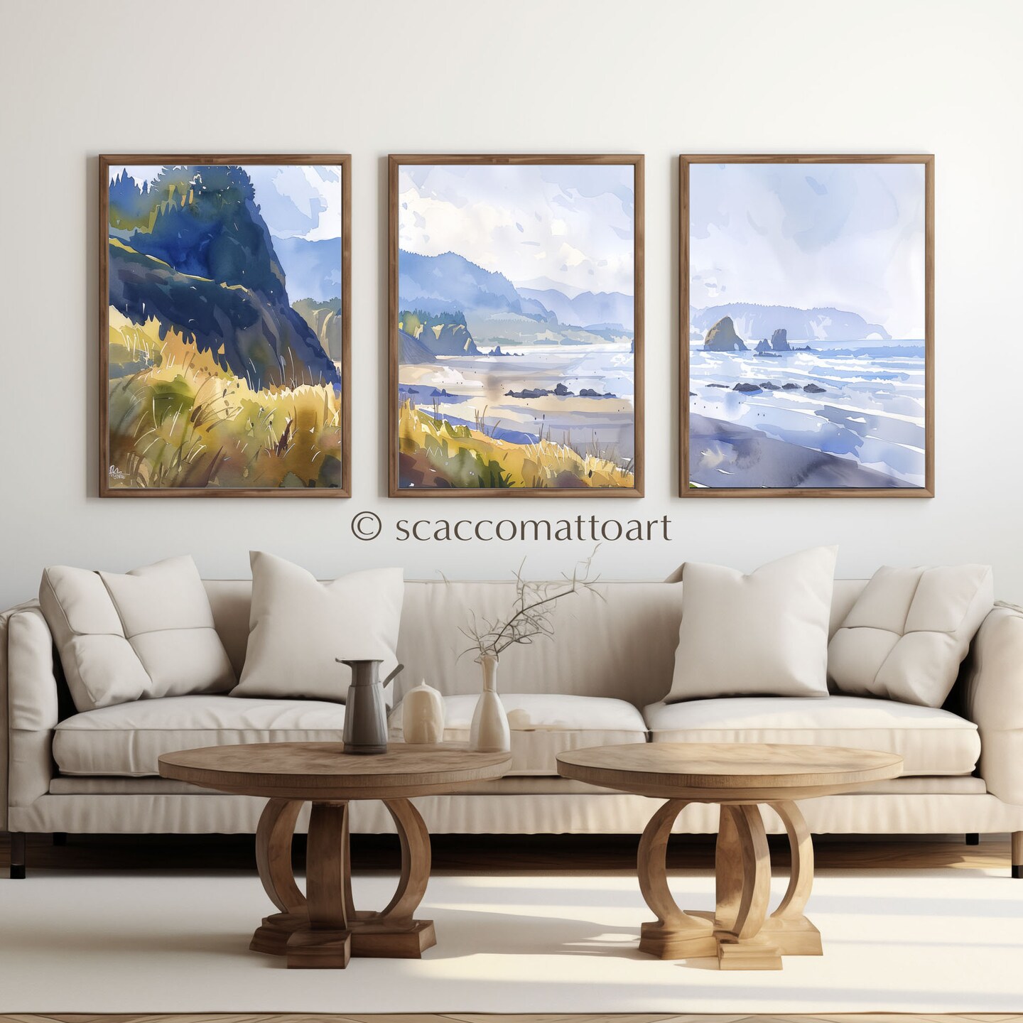 Cannon Beach Oregon Watercolor Triptych Print with Haystack Rocks