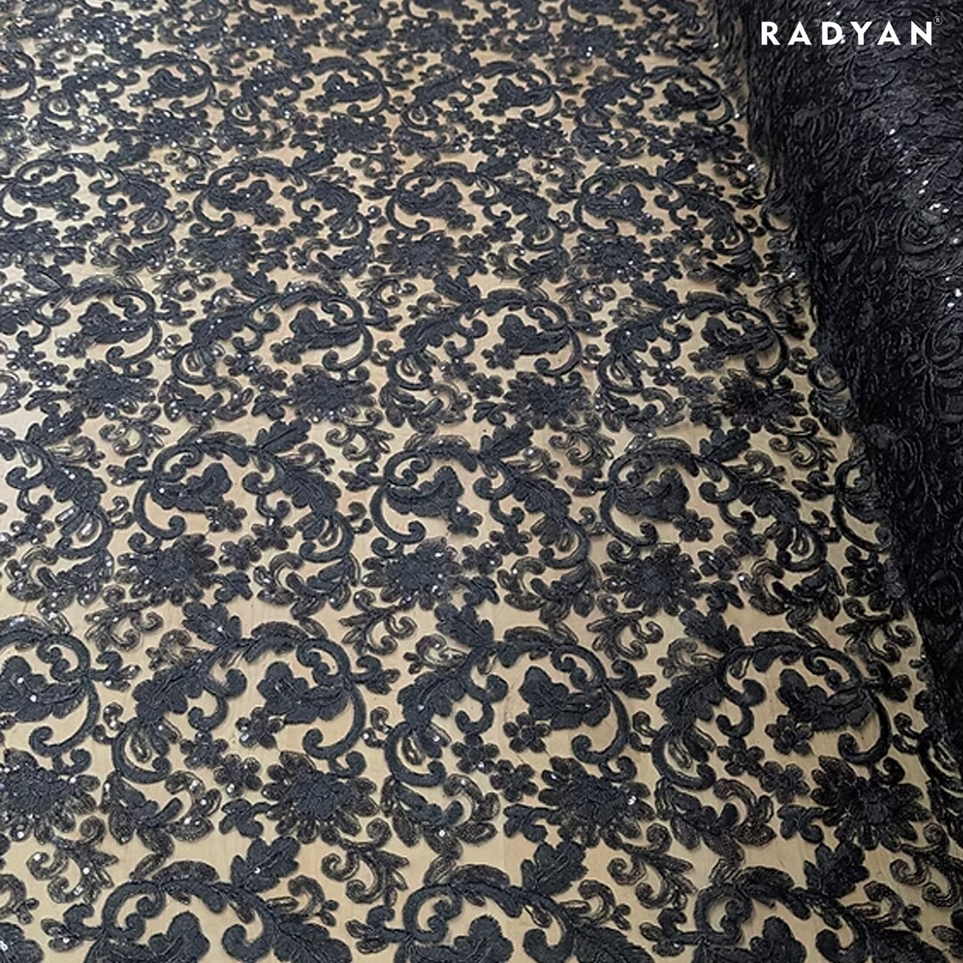 1 Yard All Over Flowers with Sequins Corded Lace 100% Polyester Fabric for Apparel and Crafts 50 Inch Width