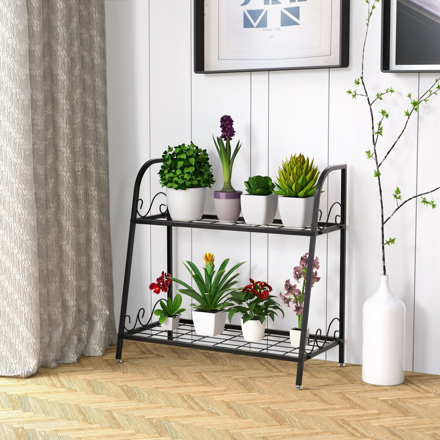 Black Steel 2-Tier Plant Stand with Split-Level Shelves and Handles