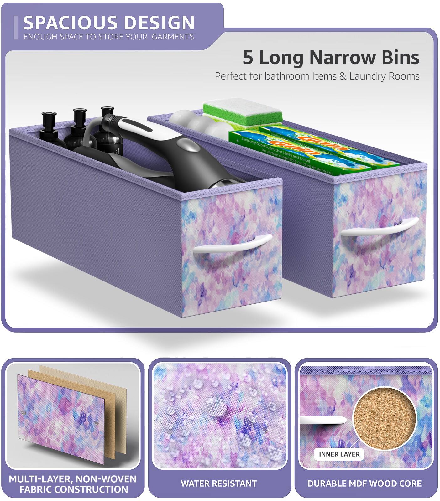 Sorbus Narrow Dresser with 5 Drawers - Steel Frame, Wood Top & Easy Pull Fabric Bins