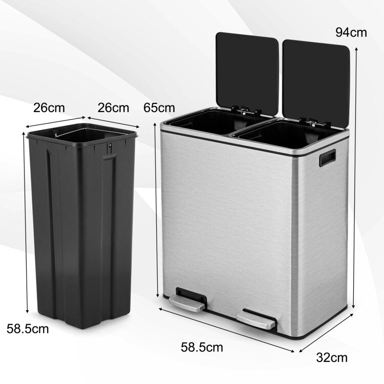Silver Stainless Steel Dual Compartment Trash Can with 16-Gal Bins