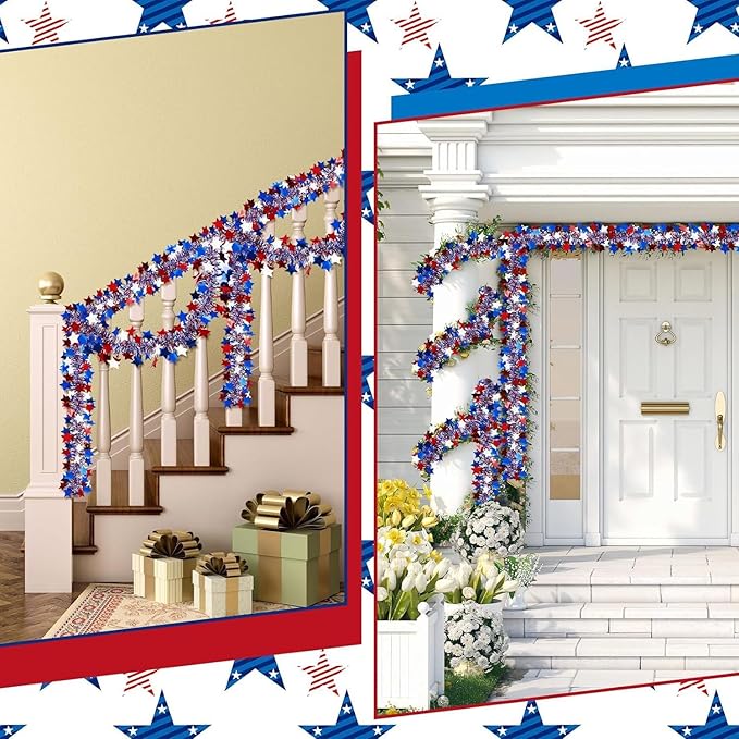 65 Feet 4th of July Garland Memorial Day USA Patriotic Red White Blue Independence Day Tinsel Metallic Tree Car Golf Cart Parade Float Decor Trailer Bike Outdoor Summer Glitter Star Garlands