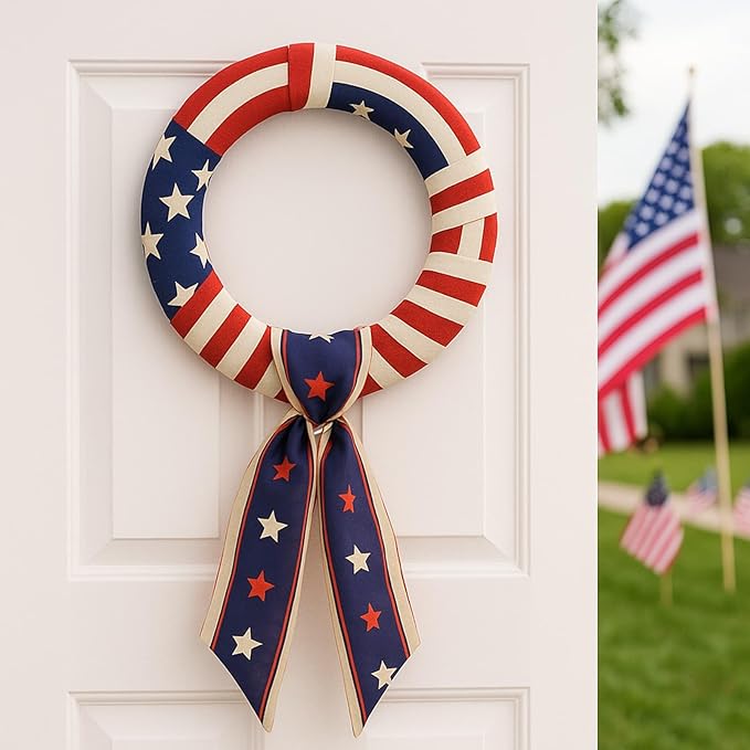 2PCS Patriotic Wreath Sash for Front Door, 5" W × 56" L Multi‑Layer Red White Blue Stars and Stripes Rose Bow Ribbon for 4th of July & Memorial Day Home Decorations