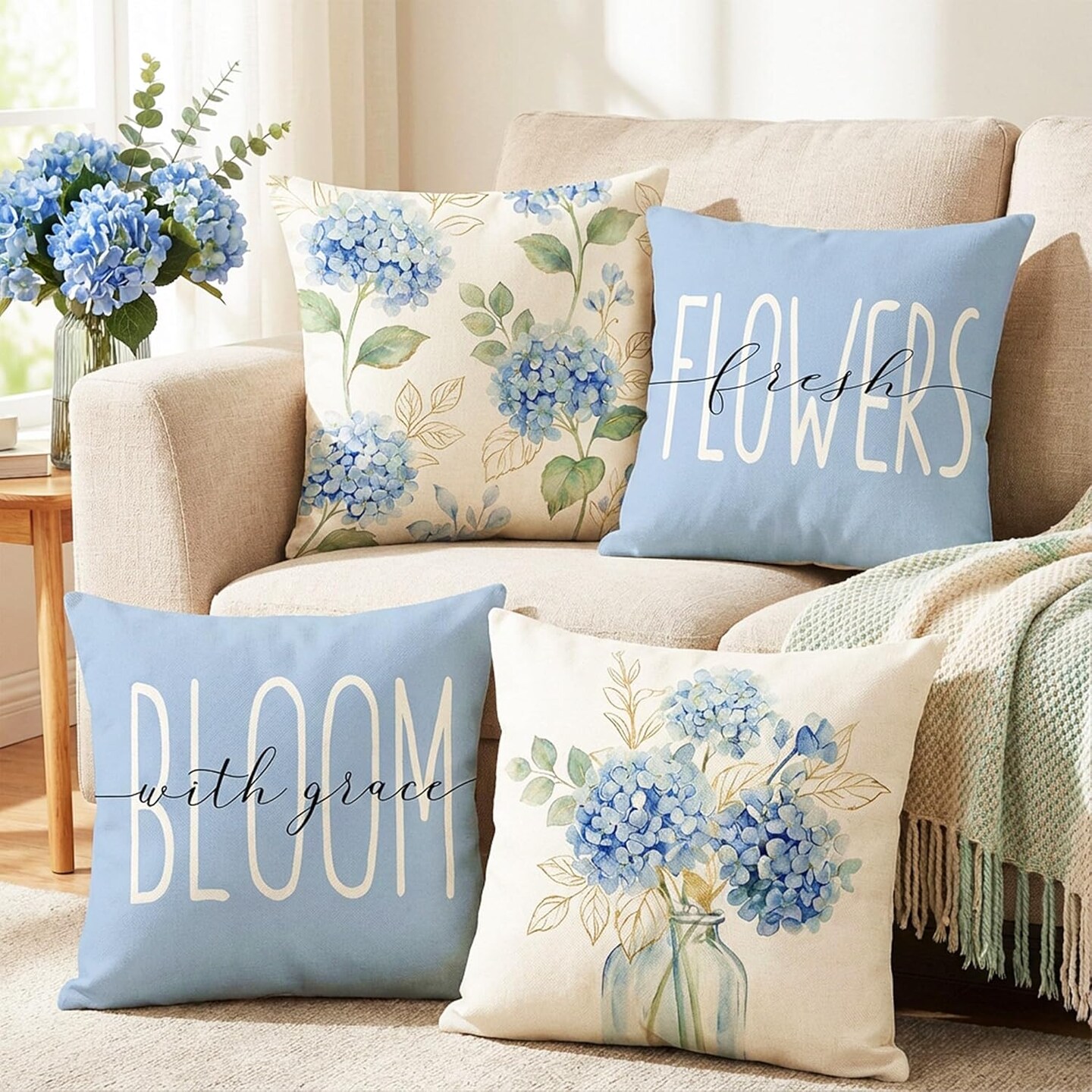 Set of 4 Blue Hydrangea Throw Pillow Covers – 18x18 inch Farmhouse Floral Cushion Cases for Couch, Sofa, Bedroom, Spring & Summer Décor