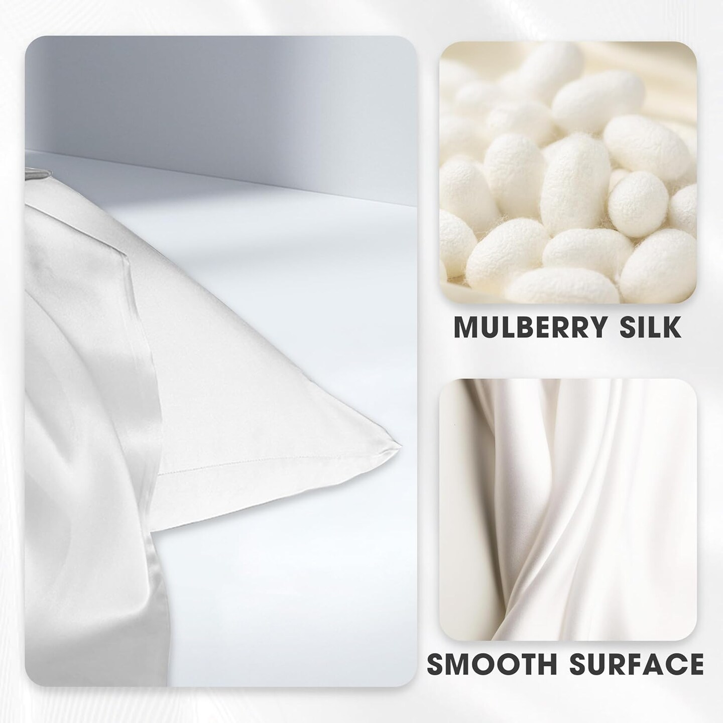 Silk Pillow Cases 2 Pack, 100% Pure Mulberry Silk Pillowcase for Hair and Skin Health, Standard Size 20&#x22; x 26&#x22; Silk Pillow Case, Soft Smooth Cooling Premium Grade Silk Pillow Covers (White)