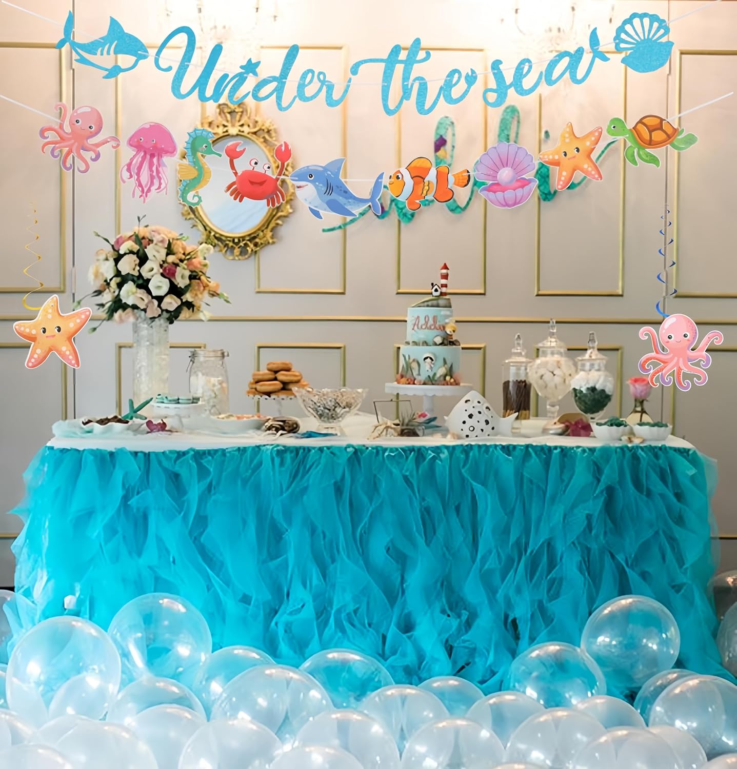 Under The Sea Party Decorations Supplies Banner Ocean Animals Themed Hanging Swirls and Banner Happy Birthday Decorations for Baby Shower Summer Beach Party