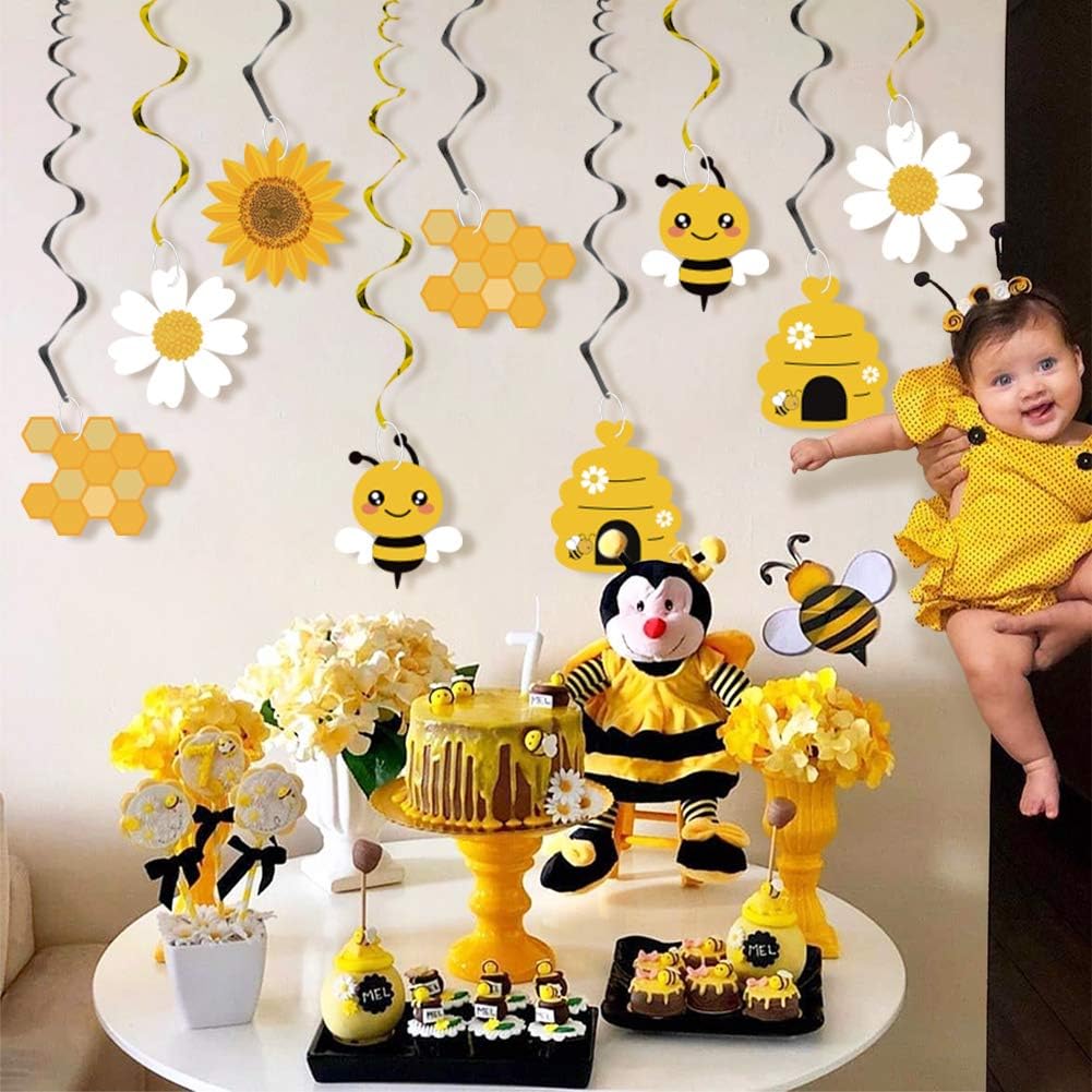 20-Piece Bumble Bee Hanging Swirl Decorations | Honey Bee Foil Ceiling Streamers for Kids' Birthday, Baby Shower, Gender Reveal & Bee Themed Party Supplies