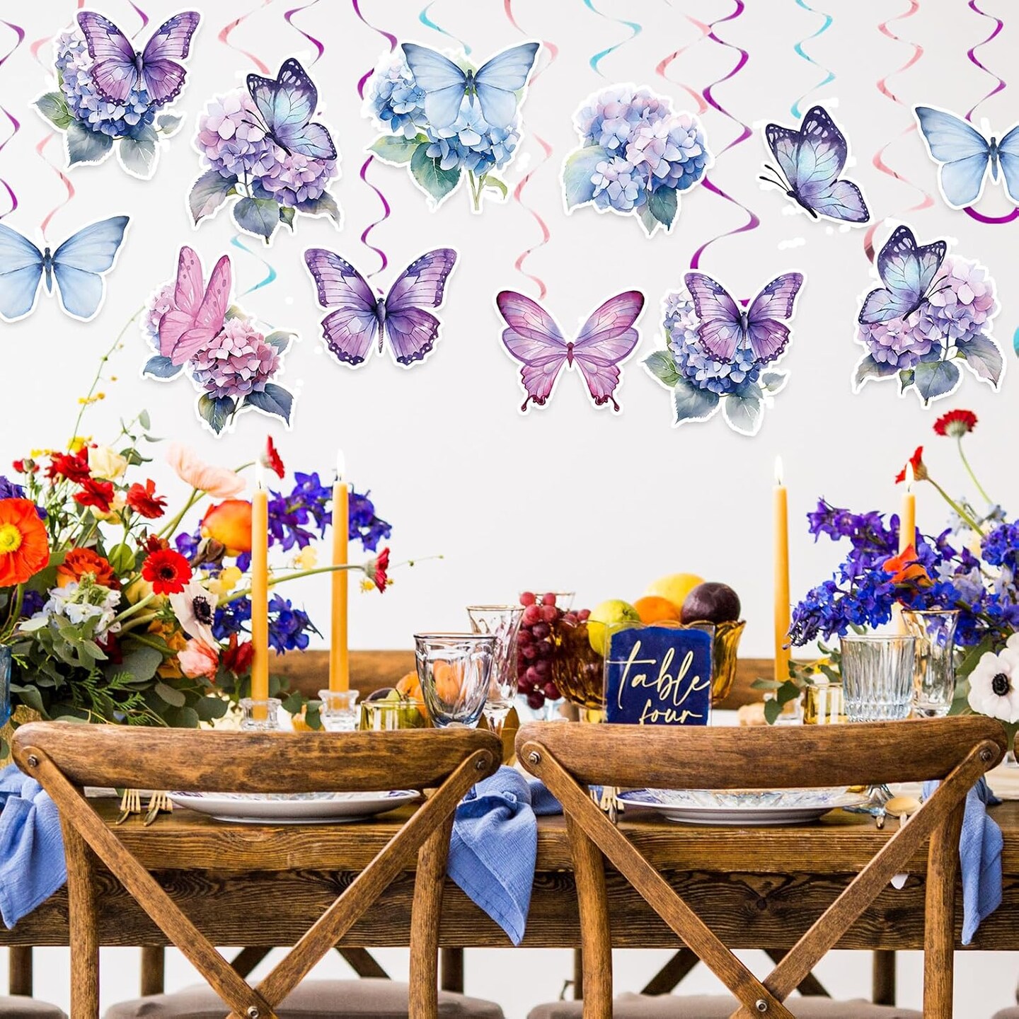 34Pcs Spring Butterfly Floral Hanging Swirls Decoration Butterfly Purple Blue Flower Party Streamer Hanging Ceiling for Spring