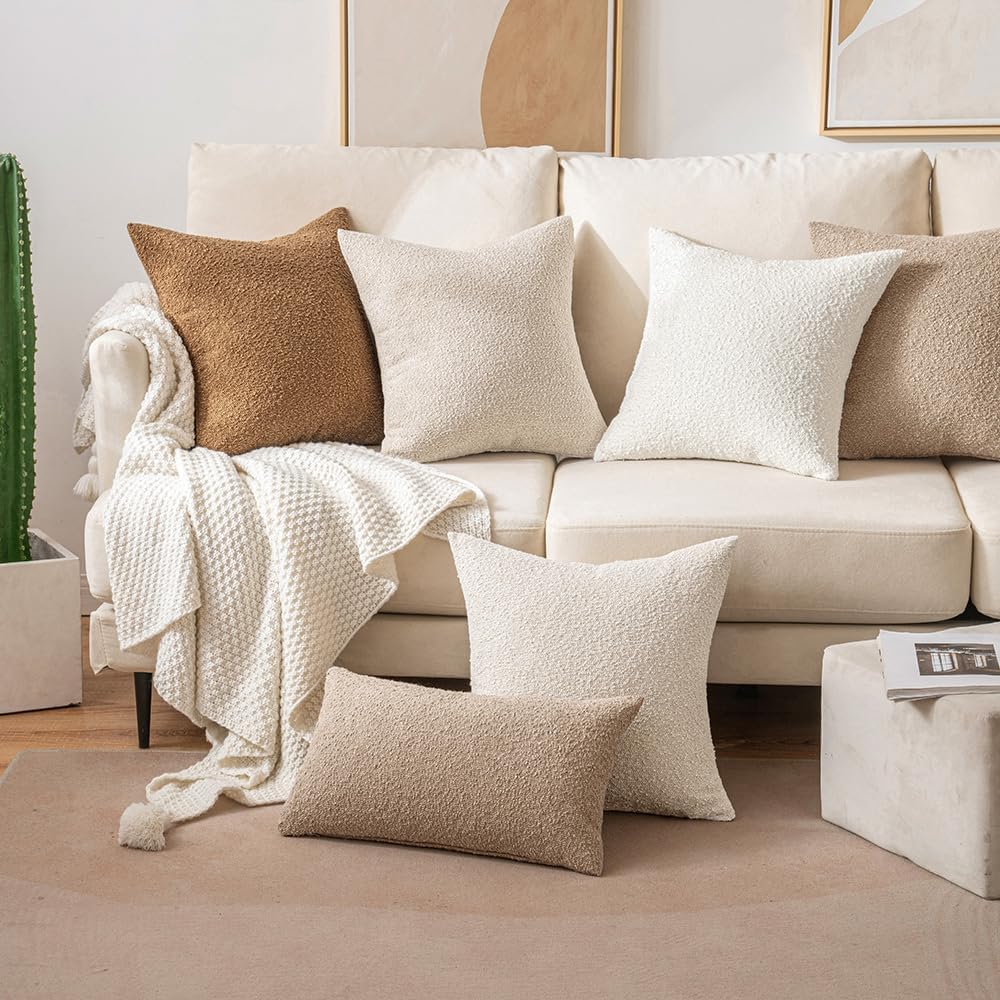 18x18 Inch Decorative Pillow Covers for Couch Bed Set of 2 Textured Boucle Neutral Throw Pillows White Accent Solid Cushion Pillowcase Cozy Soft Chair Sofa Livingroom Home Decor
