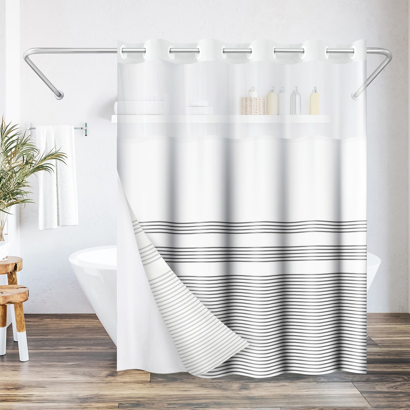 Americanflat 72x75 Hookless Shower Curtain - Water-Resistant Shower Curtain with Sheer Panel, Snap-In Liner, and Grommets - 100% Polyester