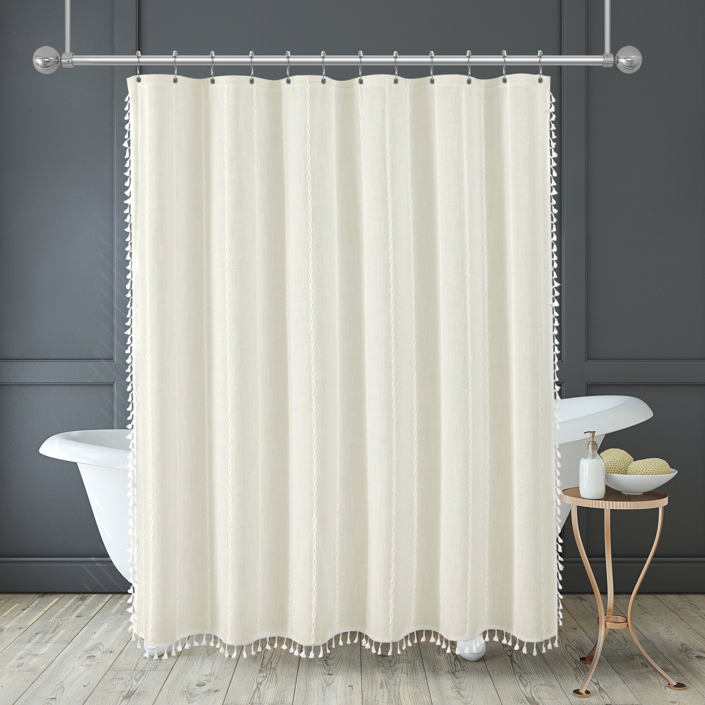 Americanflat 71x71 Woven Linen Shower Curtain with Tassel Accents - Includes 12 Grommets and Hooks - 100% Polyester
