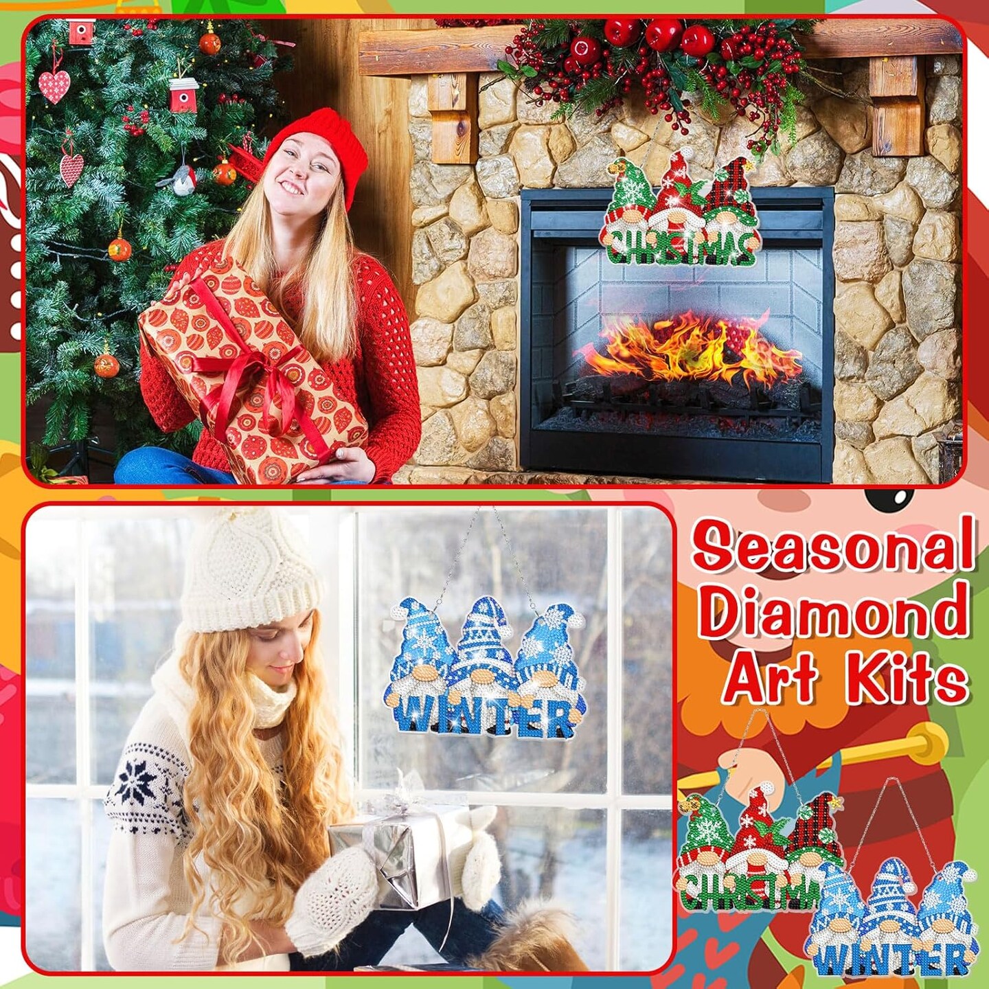 12 Pcs Seasonal Gnome Diamond Art Wreath Kits Diamond Art Gnomes Hanging Signs 5d DIY Gnome Ornaments