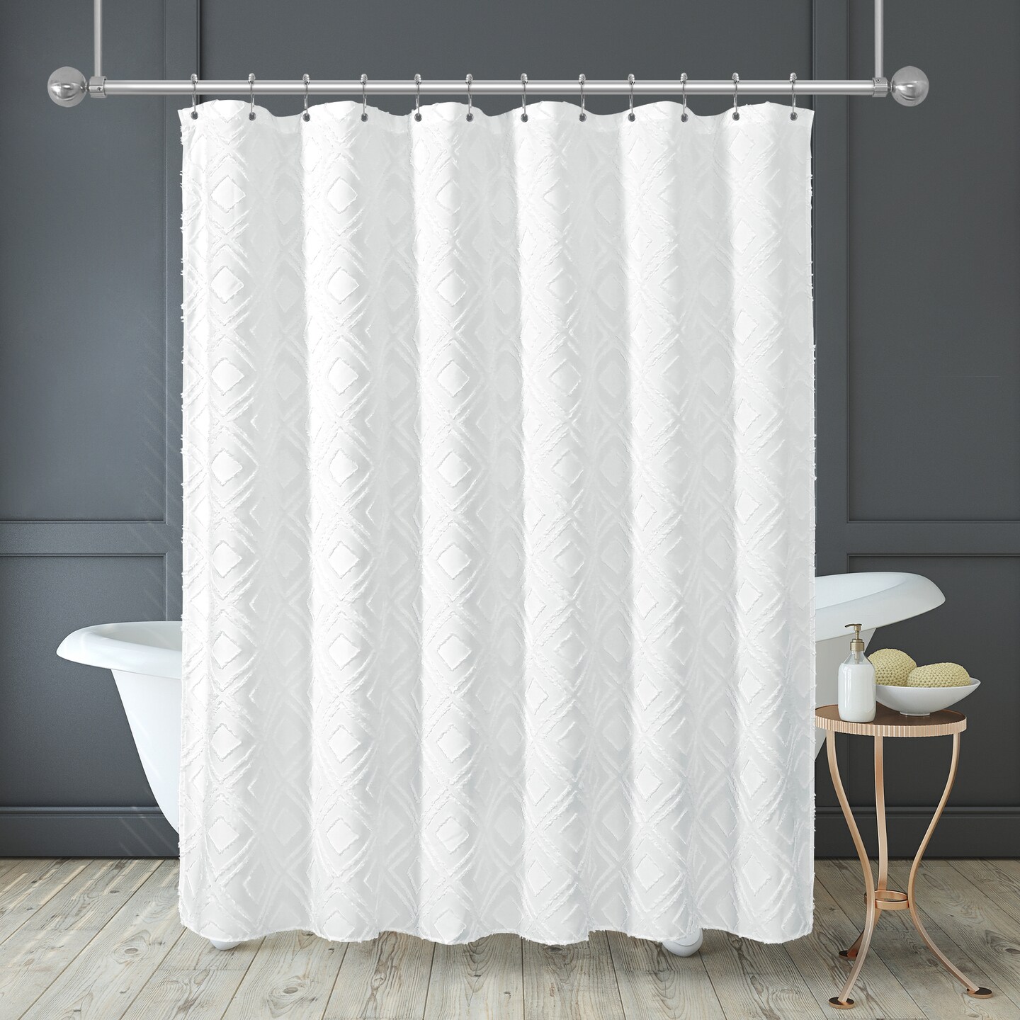 Americanflat 71x71 White Woven Shower Curtain with Tassel And Accents - Includes 12 Grommets and Hooks - 100% Polyester