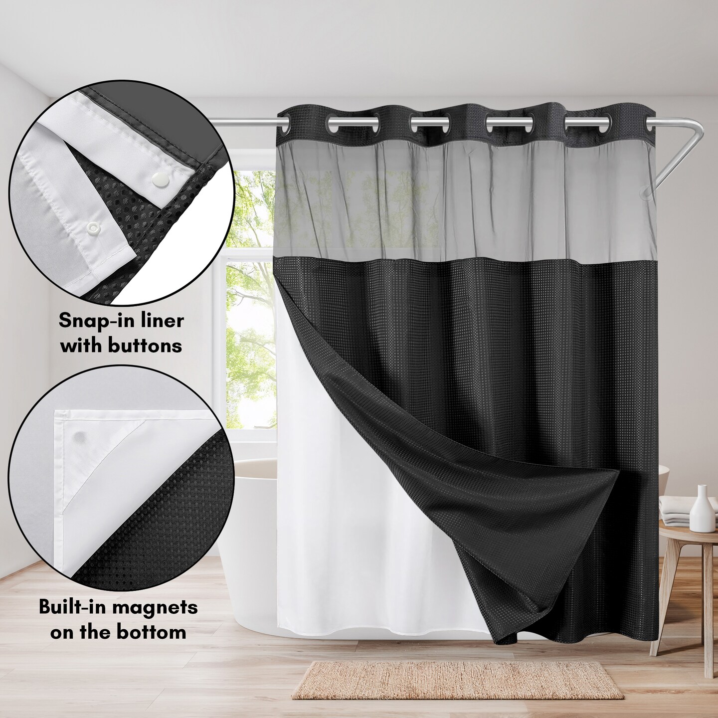Americanflat 72x75 Hookless Waffle Pattern Shower Curtain - Water-Resistant Long Shower Curtain with Sheer Panel, Snap-In Liner, and Grommets