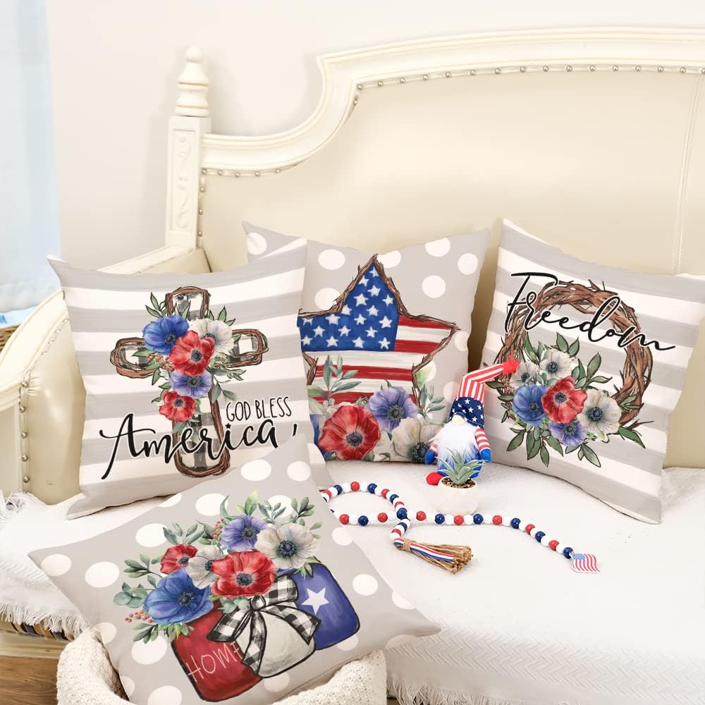 18x18 Set of 4 Polka Dots Star Pillow Covers for 4th of July Decorations