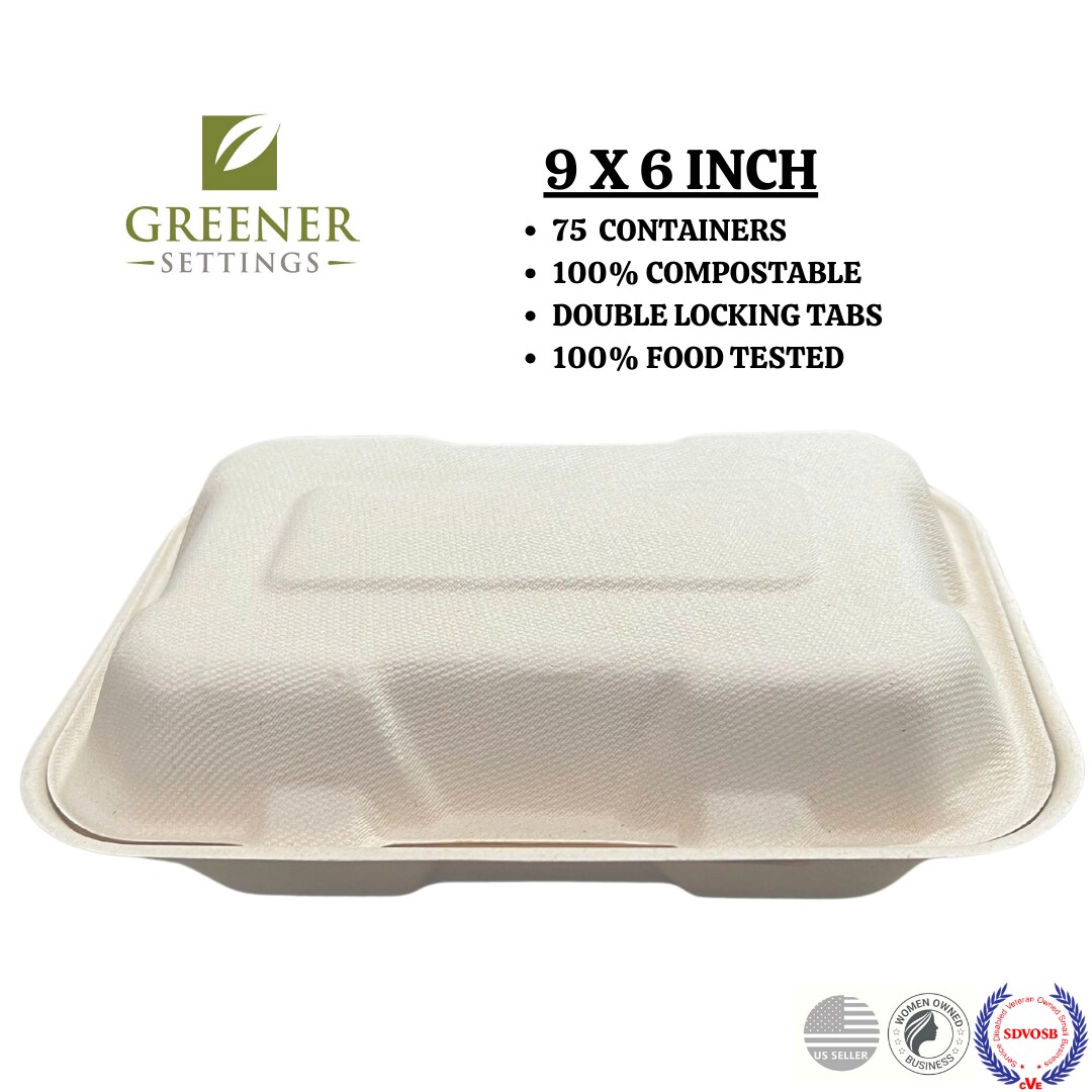 Greener Settings 75-Pack Compostable 9x6 Inch Clamshell Food Containers, Disposable Heavy-Duty Bagasse To-Go Boxes, Microwavable, Recyclable, Freezer Safe for Nachos, Wings, Cookies, Meals