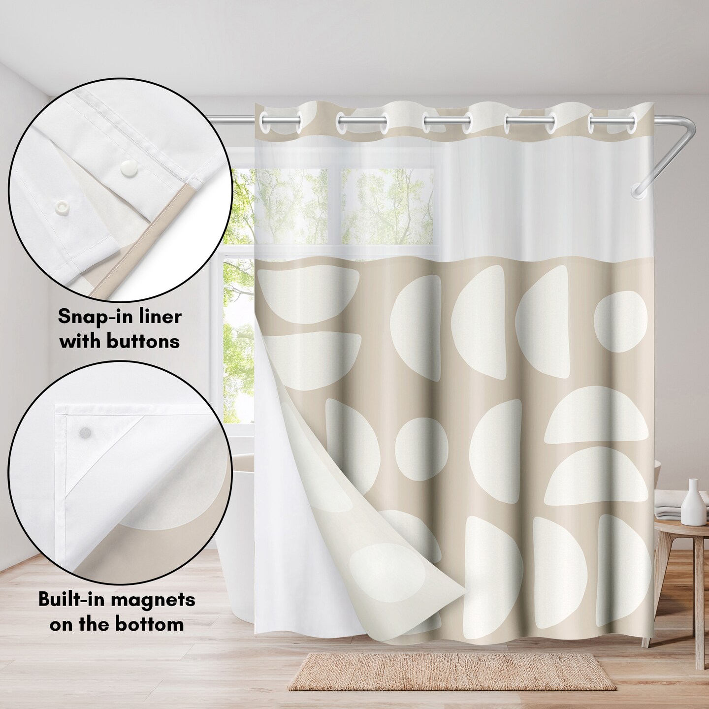 Americanflat 72x75 Hookless Shower Curtain - Abstract Khaki Cream Shower Curtain with Sheer Panel, Snap-In Liner, and Grommets - 100% Polyester