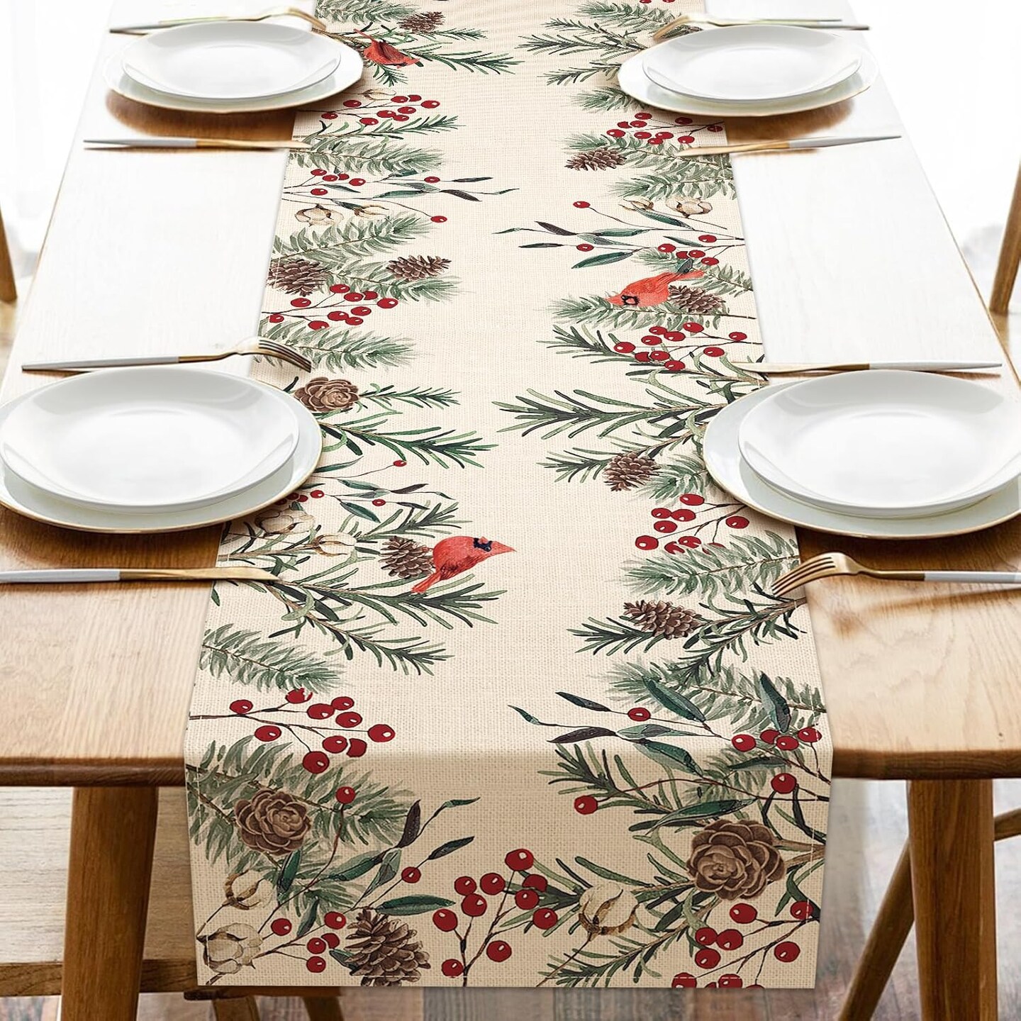 Winter Pine Needle Branches Table Runner, Pine Cone Cardinal Red Birds Berry Farmhouse Kitchen Dining Table Decor, Christmas Holiday Home Decoration Indoor Outdoor Party Supply 13 x 72 Inches