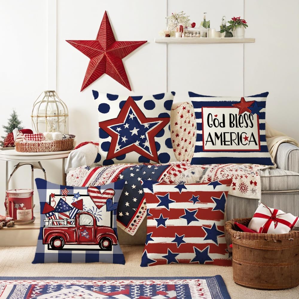 4 Pack Throw Pillow Covers for 4th of July Decorations